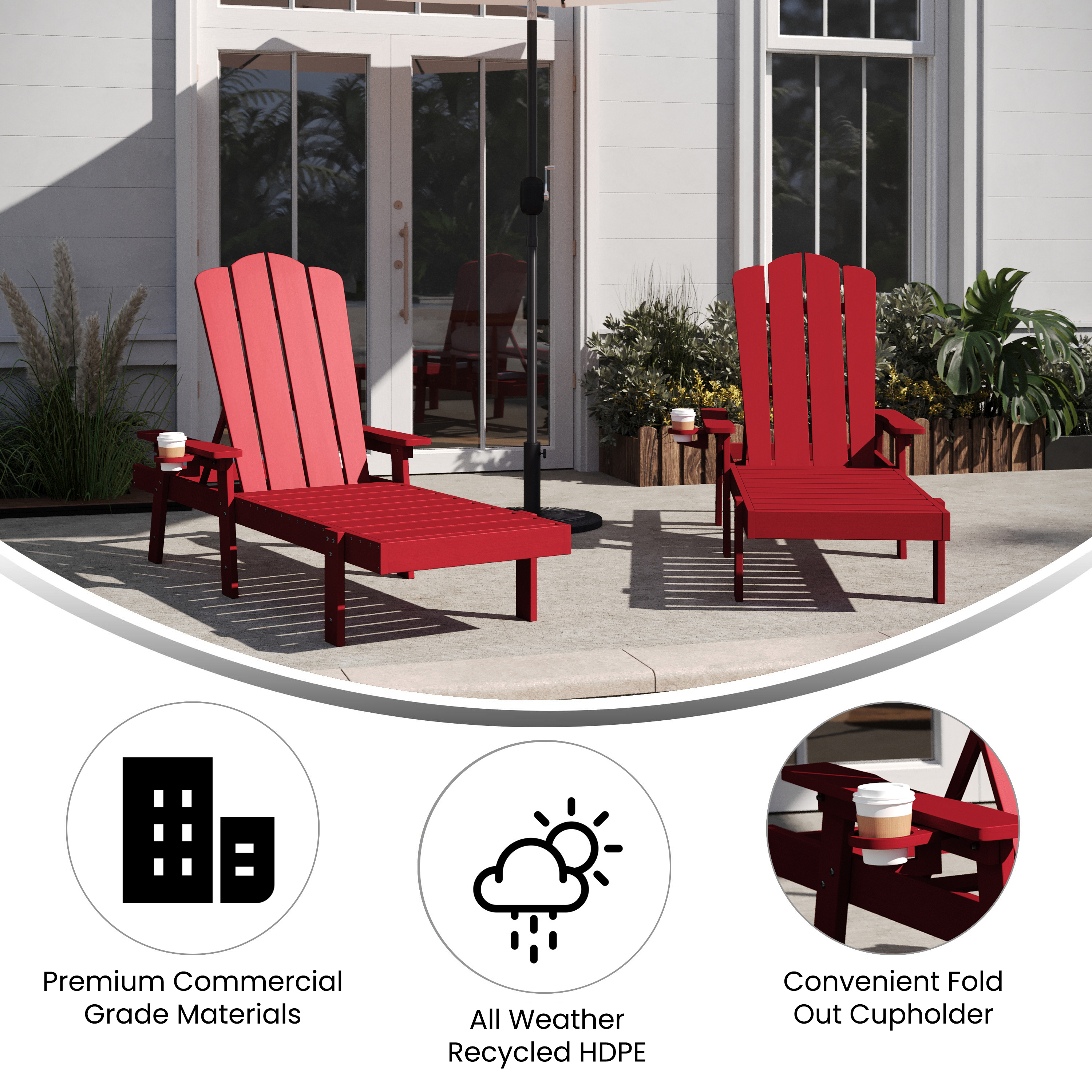 Stockton Set of 2 Red Recycled HDPE Adjustable Adirondack Loungers with Fold ... - Bild 5 von 23
