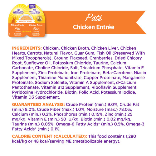 <p>Chicken, Chicken Broth, Chicken Liver, Chicken Hearts, Carrots, Natural Flavor, Guar Gum, Fish Oil (Preserved With Mixed Tocopherols), Ground Flaxseed, Cranberries, Dried Chicory Root, Sunflower Oil, Potassium Chloride, Taurine, Calcium Carbonate, Choline Chloride, Salt, Tricalcium Phosphate, Vitamin E Supplement, Zinc Proteinate, Iron Proteinate, Beta-Carotene, Niacin Supplement, Thiamine Mononitrate, Copper Proteinate, Manganese Proteinate, Sodium Selenite, Vitamin A Supplement, d-Calcium Pantothenate, Vitamin B12 Supplement, Riboflavin Supplement, Pyridoxine Hydrochloride, Biotin, Folic Acid, Potassium Iodide, Vitamin D3 Supplement.</p>
