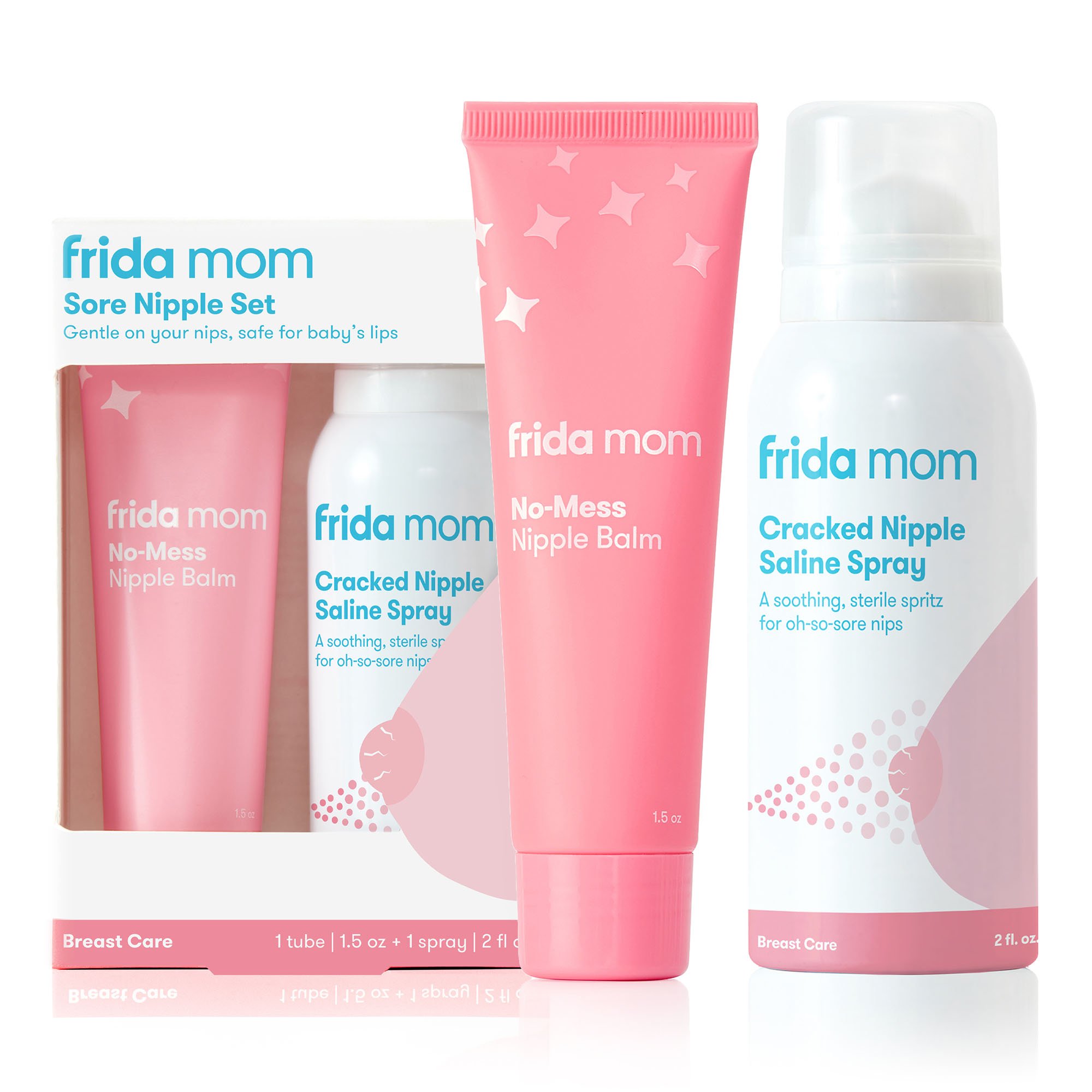 frida mom Cracked Nipple Saline Spray and frida mom No-Mess Nipple Balm