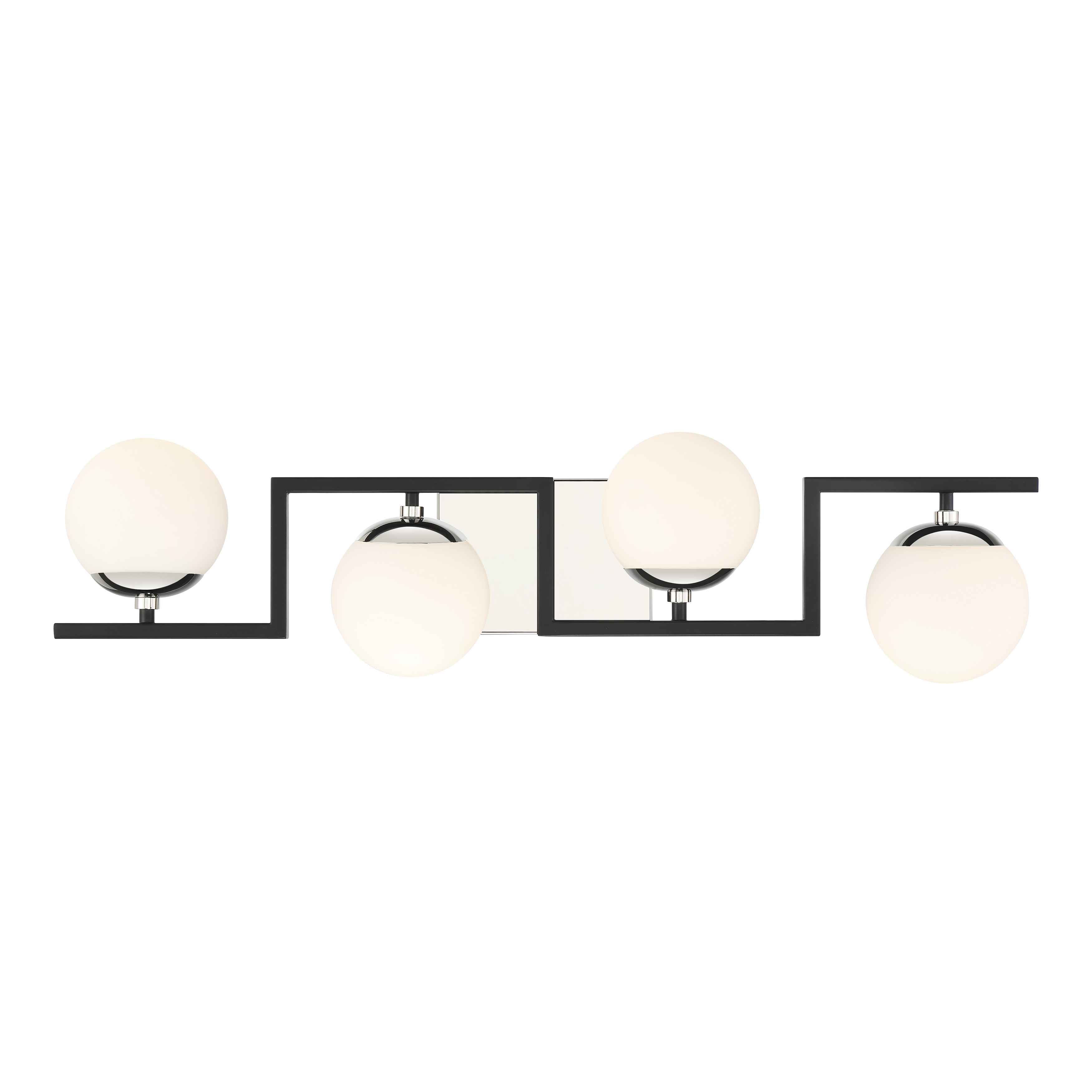 The Alluria II combines polished nickel and coal finishes with etched opal glass for a refined, contemporary look. At 31 inches wide, it provides excellent illumination for medium to large vanities while adding architectural interest. - alternate view