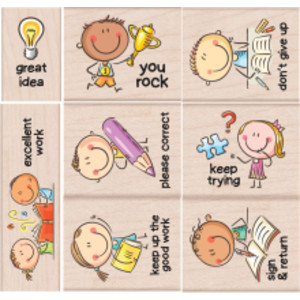 Woodblock Teacher Stamps, Encouragement & Communication Messages, 8 Piece Set