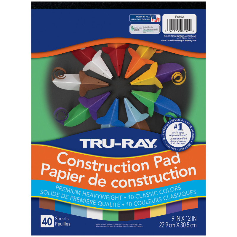 Construction Paper Pad, 10 Classic Colors, 9" x 12", 40 Sheets