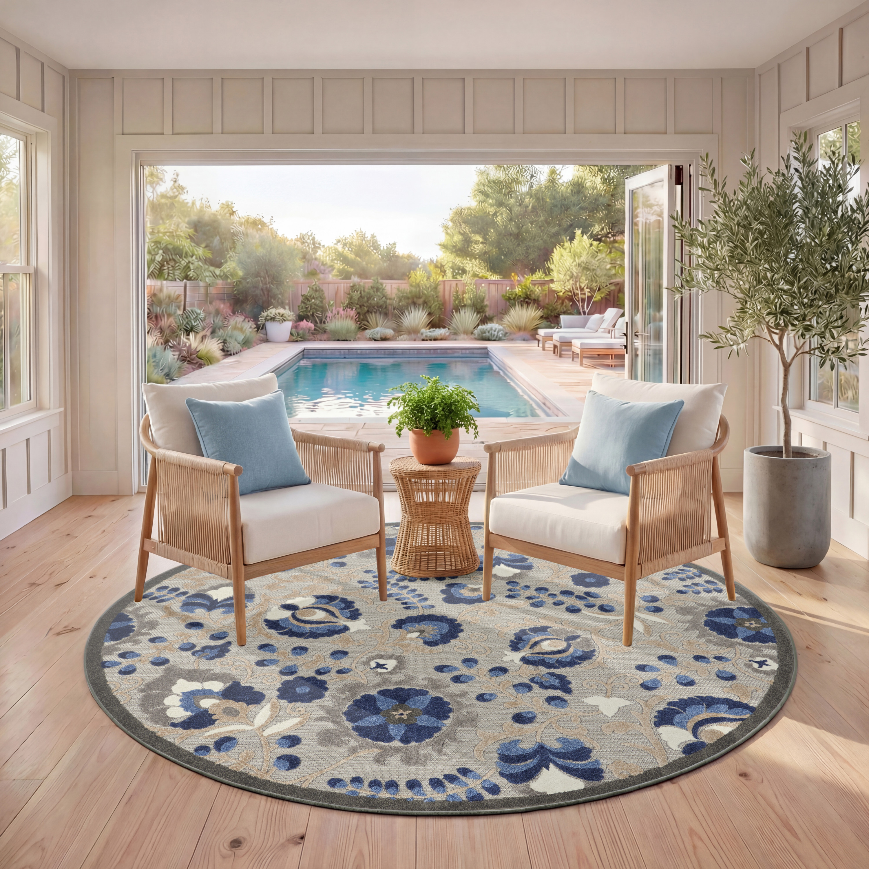 Nourison Aloha 5'3" x Round Natural Blue Farmhouse Rug