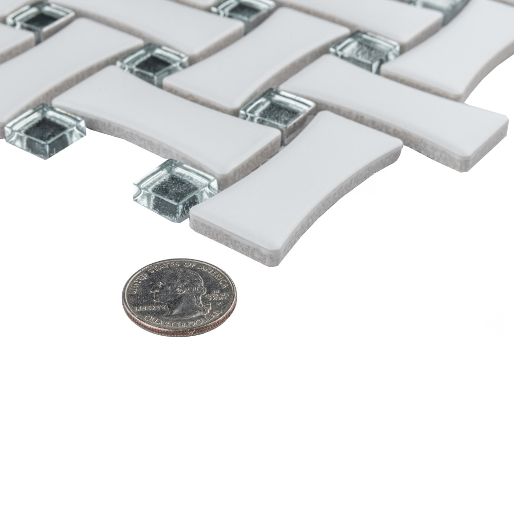 Metro Dog Bone Basketweave Matte White w/Glass Silver Dot 10 in. x 10 in. Porcelain Mosaic Tile