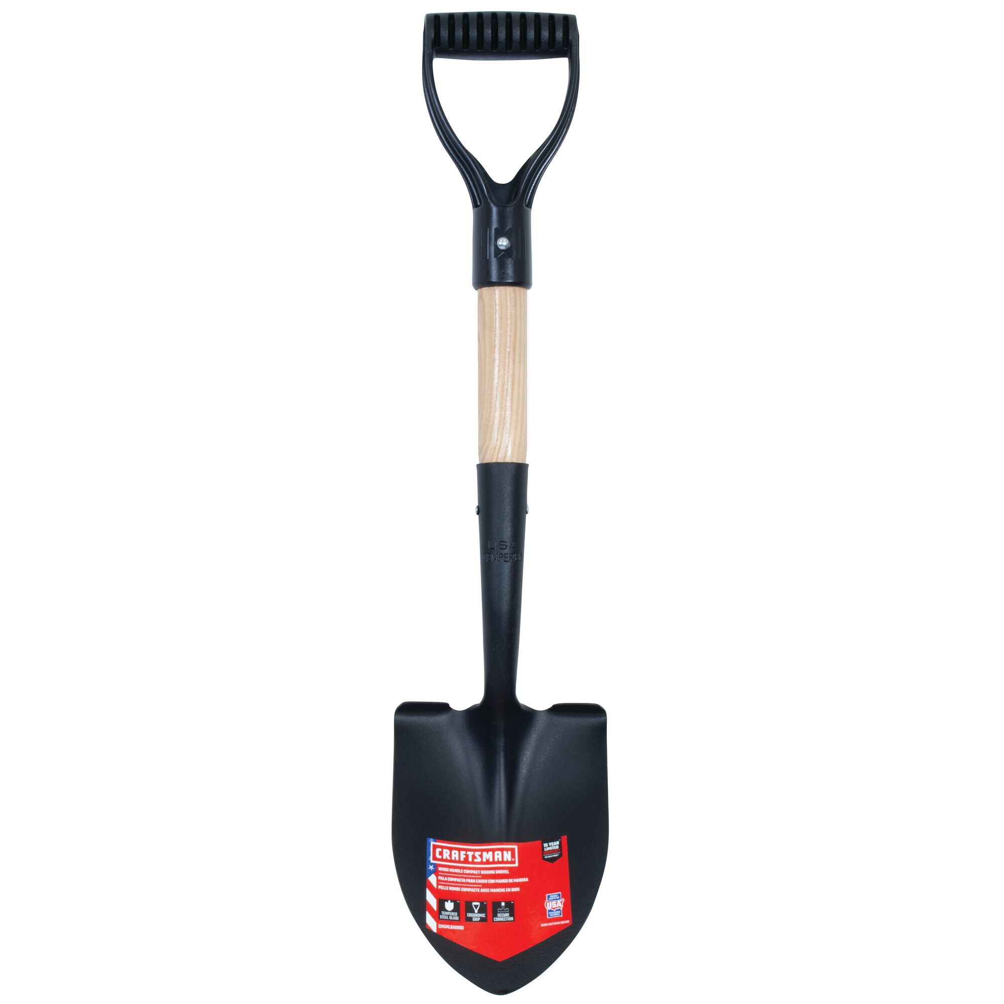 Profile of wood handle compact digging shovel.