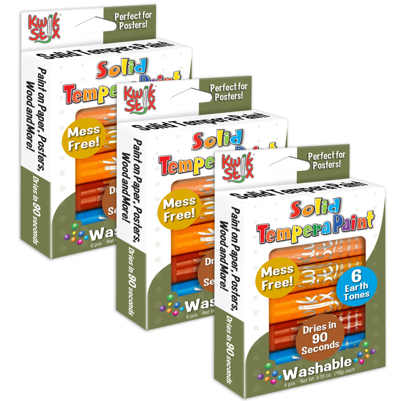 Solid Tempera Paint, Earth Tones, 6 Per Pack, 3 Packs