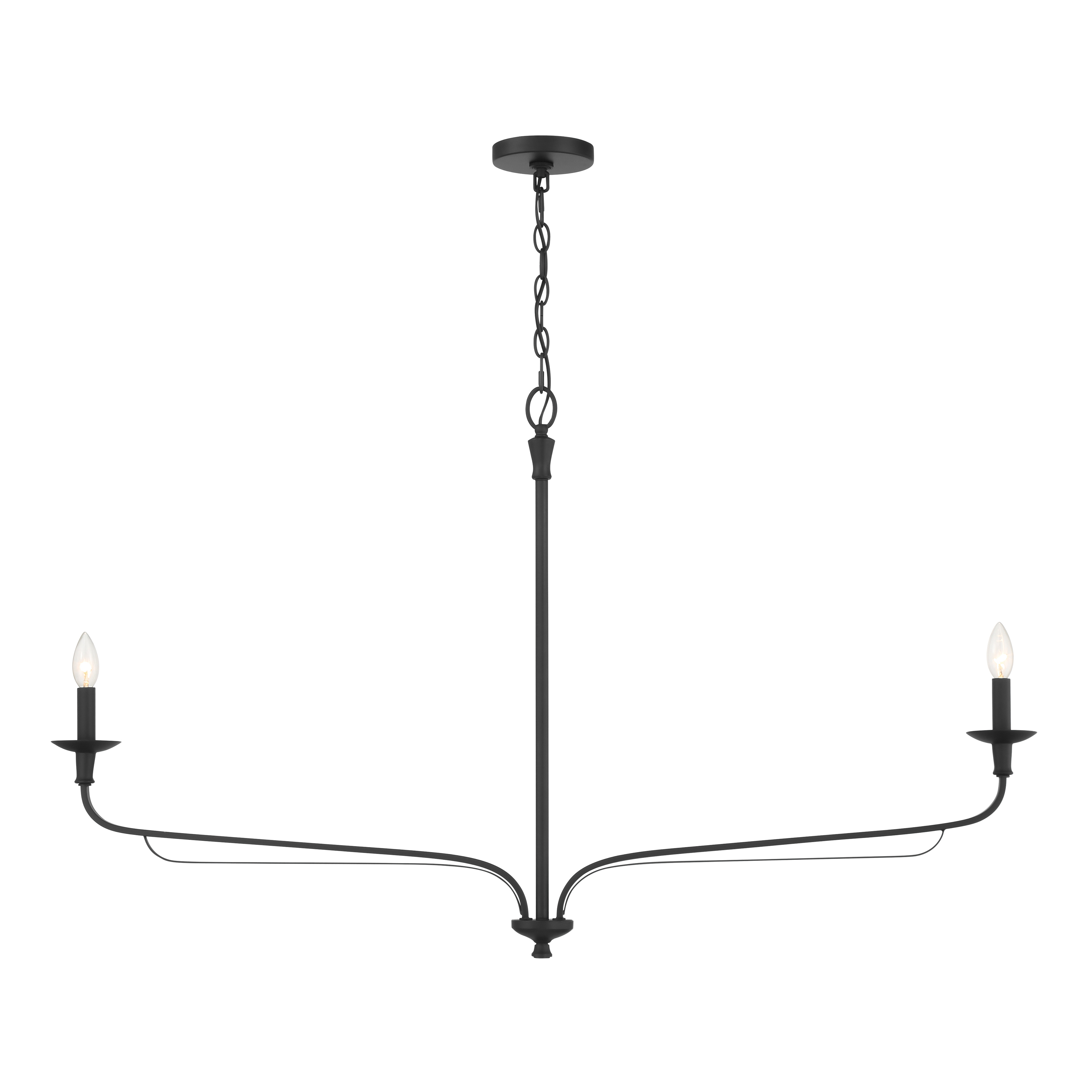 The Velena 50" chandelier combines traditional design sensibility with a sleek linear form and dark matte black finish. Its substantial 50-inch length makes it ideal for dining tables and kitchen islands, while the minimalist two-light configuration keeps the look refined and uncluttered. - alternate view