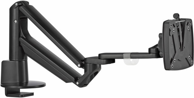 The Novus CLU Plus monitor arm in black at its lowest viewing level.