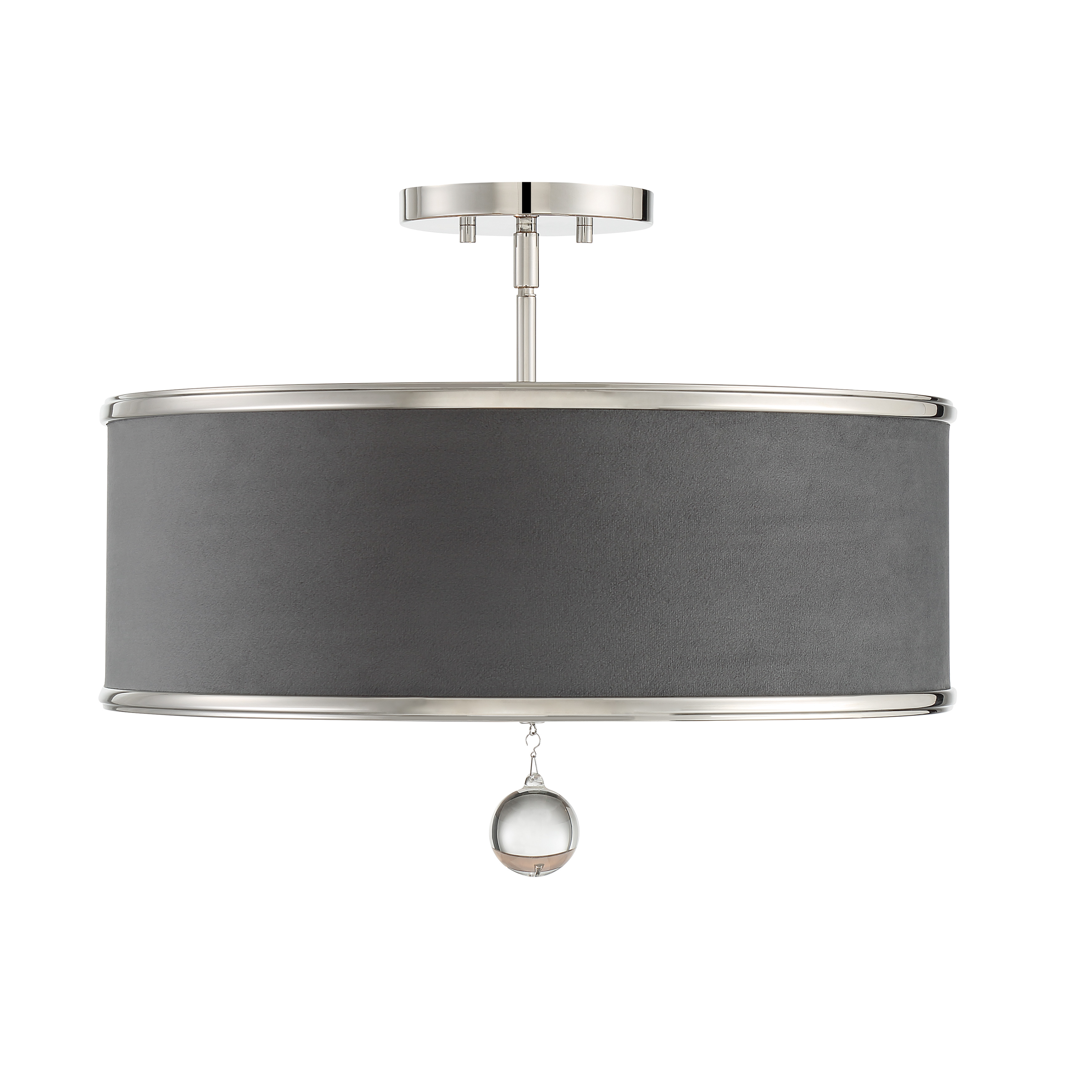 The Luxour combines sophisticated polished nickel with plush steel grey velvet and glass orbs for a refined transitional look. Its convertible design offers flexibility for various ceiling heights and room configurations. - alternate view