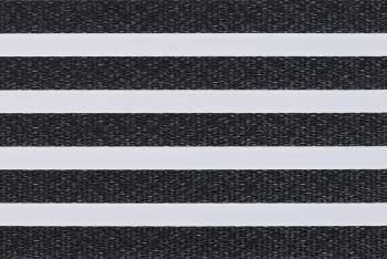Zebra-style roller blind: alternating opaque white and textured charcoal-gray woven horizontal bands filling the frame; bands aligned to block or filter light in a close-up interior view.