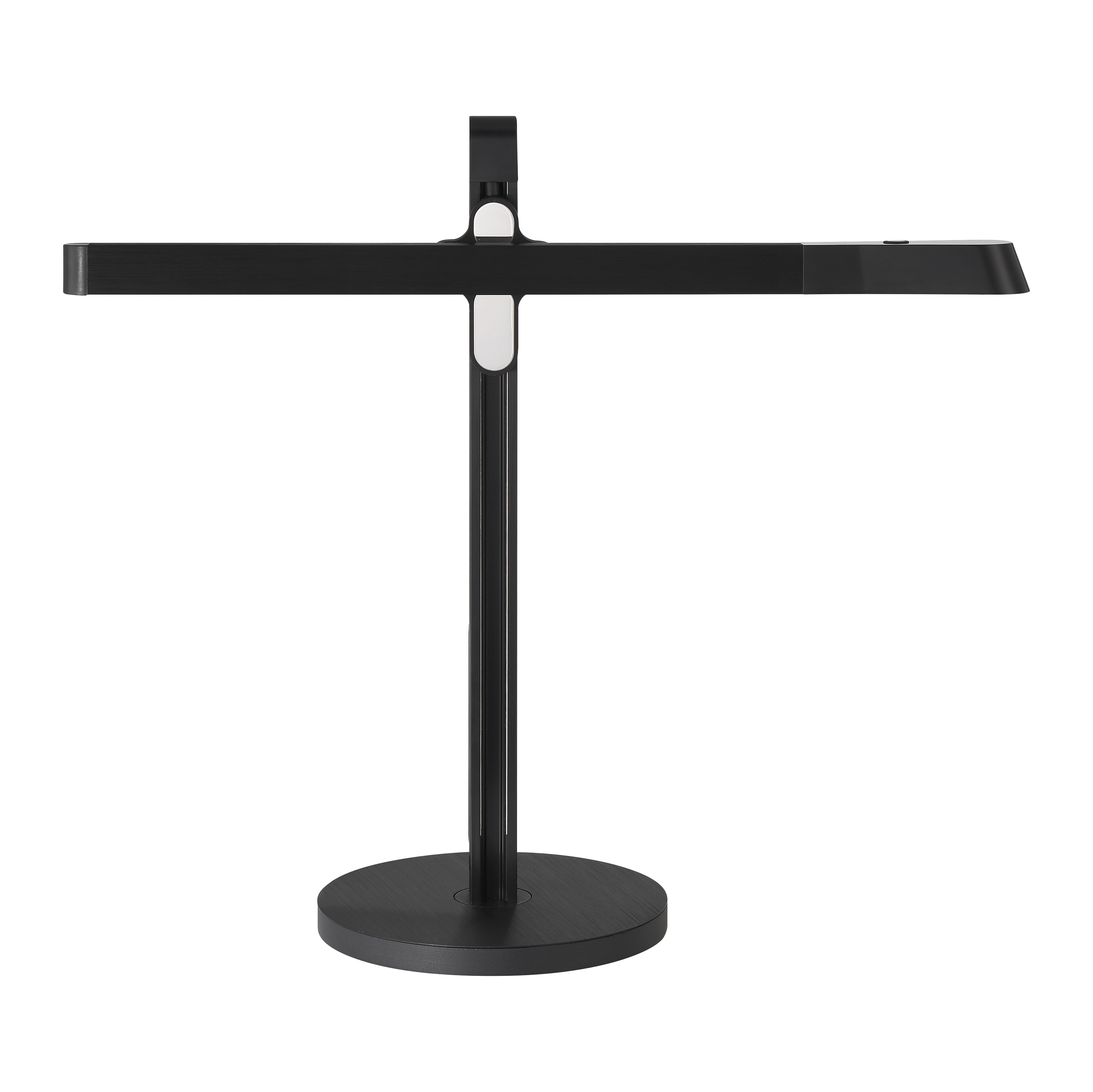 This sleek LED table lamp combines modern design with practical functionality. Features adjustable height, color-changing technology, and energy-efficient LED lighting in a sophisticated anodized brushed coal finish. - alternate view