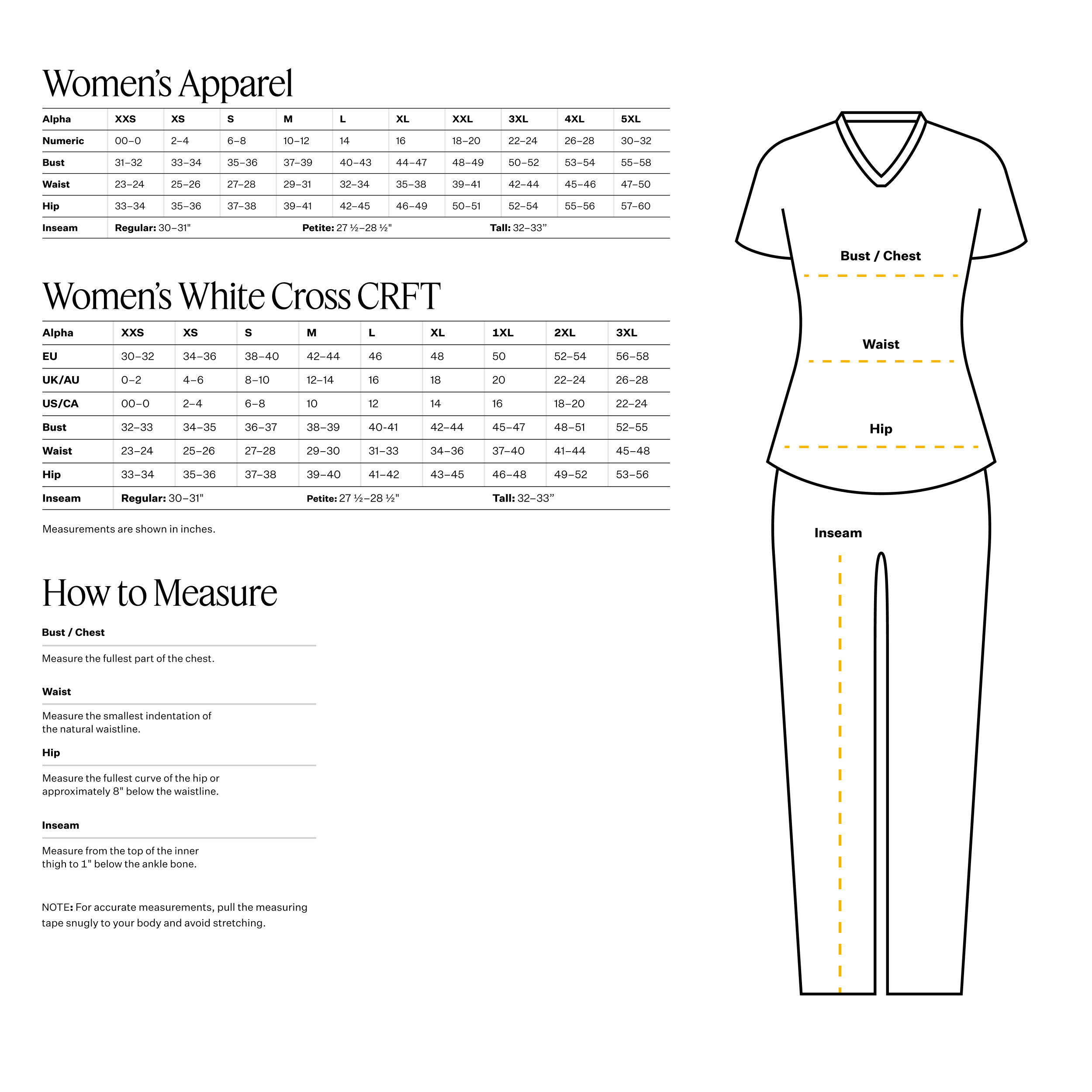 Size chart for Landau Women's Scrub Zone Cargo Pants