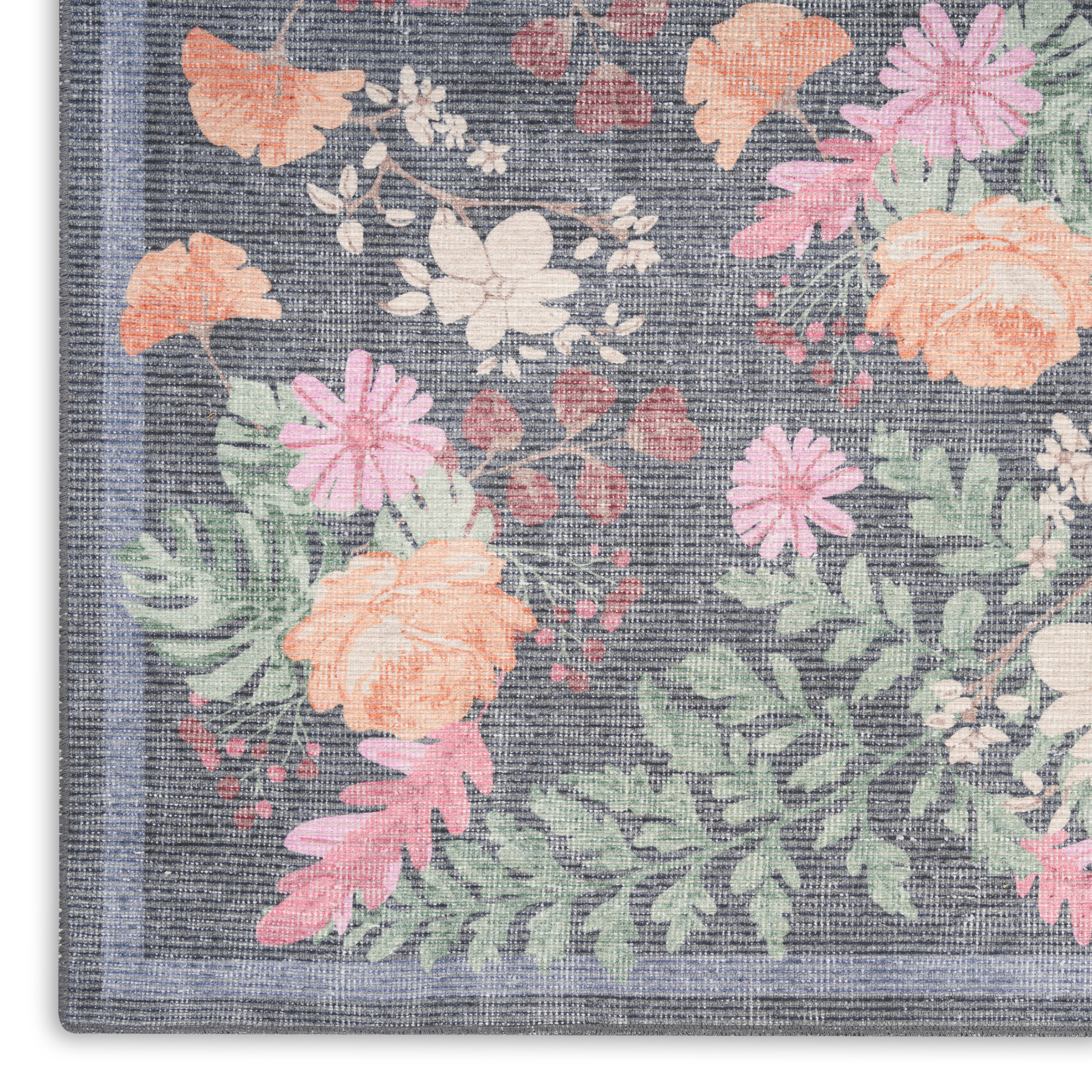 Nourison Botanical Washables 4' x 6' Charcoal Multicolor Farmhouse Indoor Rug