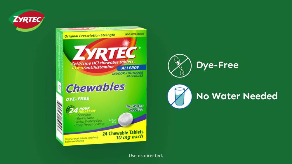 Zyrtec 24 Hour Allergy Relief Chewables, Cetirizine HCl, 24 Ct