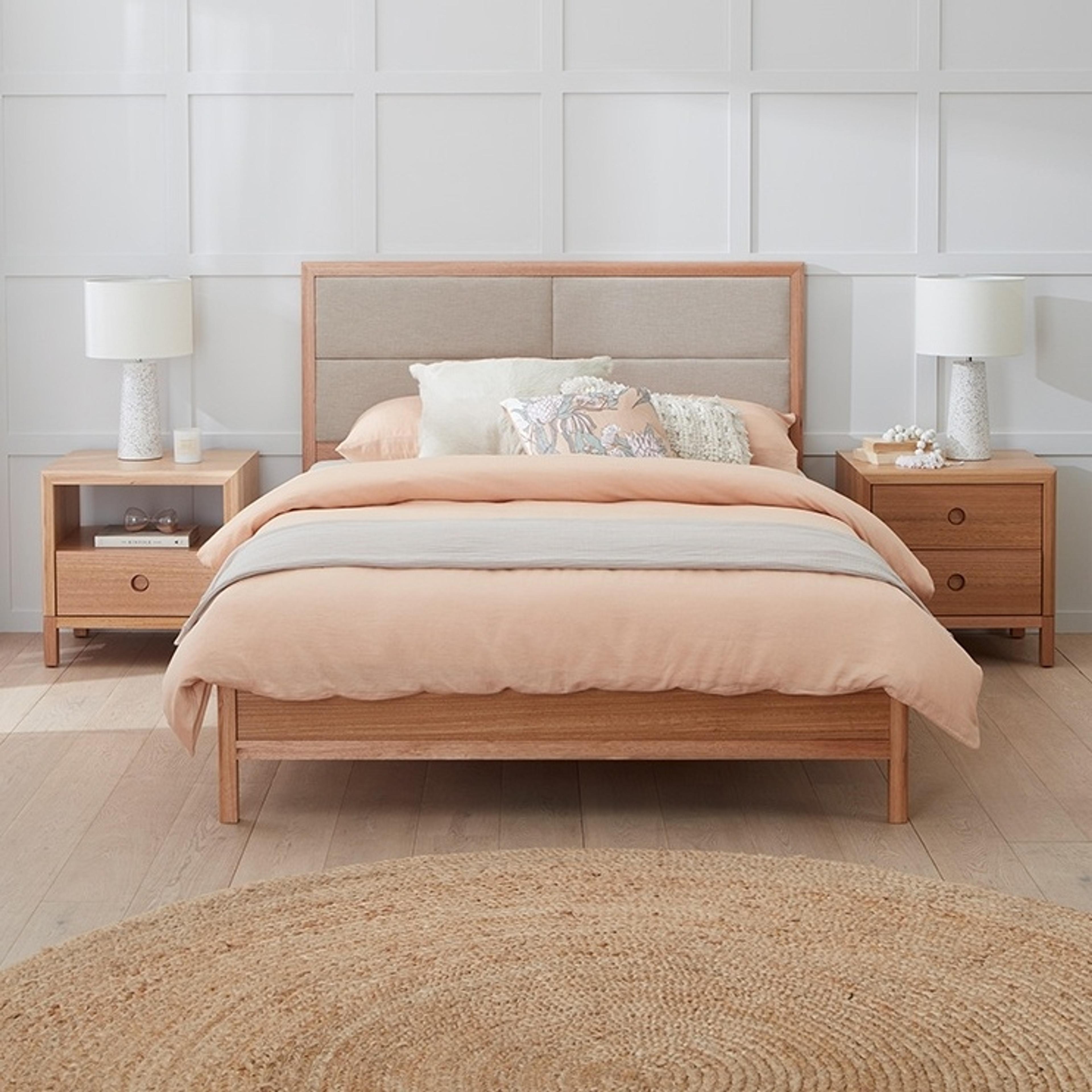 Lifestyle image of the  Airlie Bed Frame, W/ Upholstered Headboard, Natural-Keylargo Almond from Forty Winks