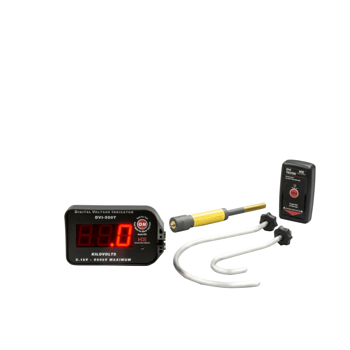Digital voltage indicator with test point 500kV, OH/UG kit 2. Up to 500kV line-to-ground.  Voltage readout distinguishes between nominal and induced voltages.  Audible indication when voltage is detected.  Test Point mode available.  Auto-shutoff and low battery indication features.  Versatile for overhead and underground applications