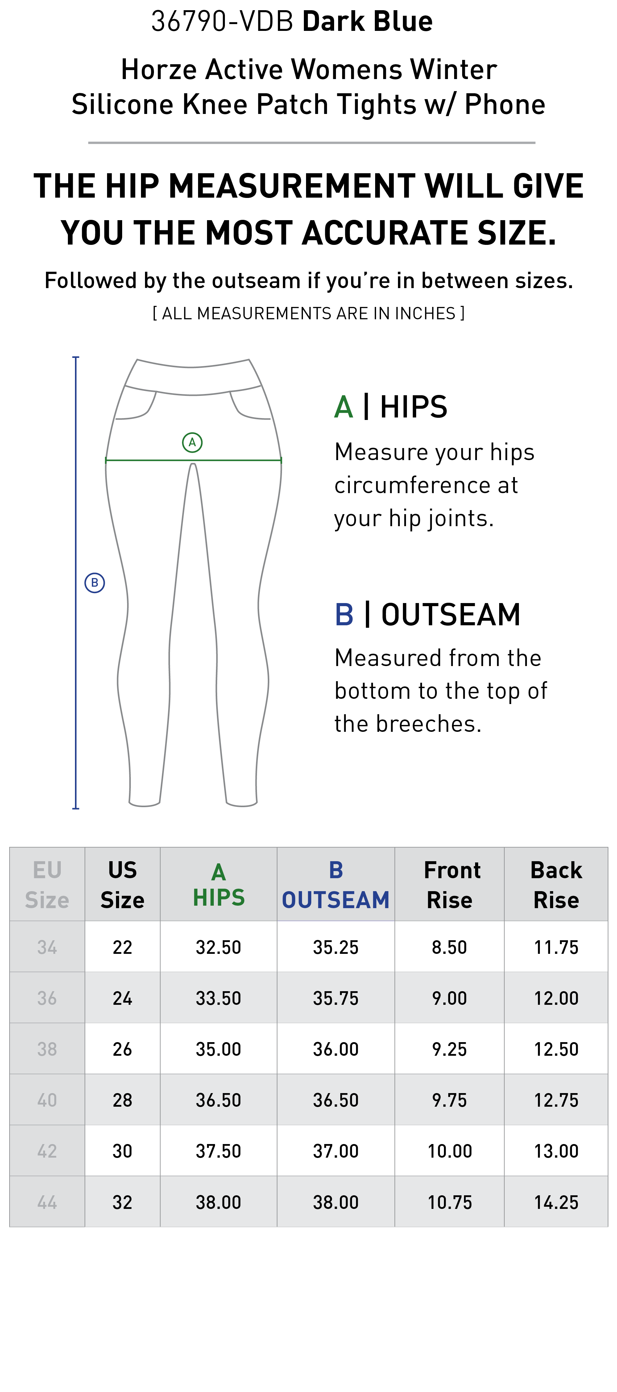 Size chart for Horze Active Womens Winter Silicone Knee Patch Tights w/ Phone Pocket - Dark Blue