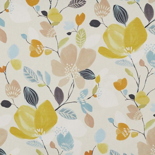 Floral fabric panel displaying large mustard-yellow, beige and blue stylized blossoms and slender black stems; printed pattern repeats across a light cream background, suggesting a soft decorative textile.