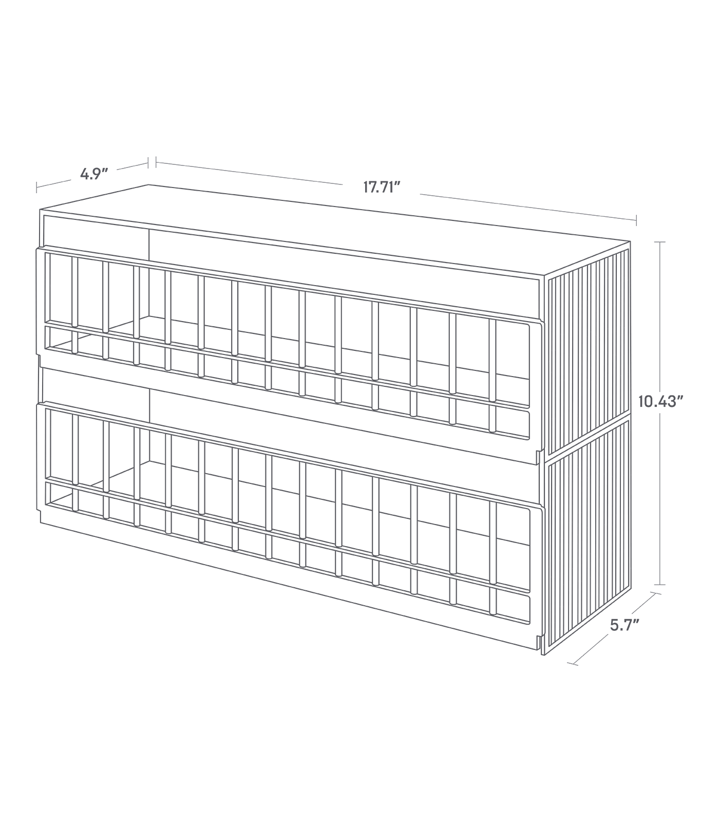 Dimension image for Toy Display Case showing height of 10.43 inches, a bottom length of 5.7 inches, width of 17.71 inches, the top length of 4.9 inches