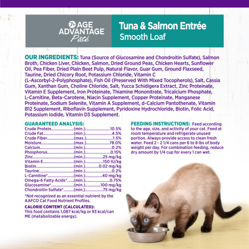 <p>Tuna (Source of Glucosamine and Chondroitin Sulfate), Salmon Broth, Chicken Liver, Chicken, Salmon, Dried Ground Peas, Chicken Hearts, Sunflower Oil, Pea Fiber, Dried Plain Beet Pulp, Natural Flavor, Guar Gum, Ground Flaxseed, Taurine, Dried Chicory Root, Potassium Chloride, Vitamin C (L-Ascorbyl-2-Polyphosphate), Fish Oil (Preserved With Mixed Tocopherols), Cassia Gum, Xanthan Gum, Choline Chloride, Salt, Yucca Schidigera Extract, Zinc Proteinate, Vitamin E Supplement, Iron Proteinate, Thiamine Mononitrate, Tricalcium Phosphate, L-Carnitine, Beta-Carotene, Niacin Supplement, Copper Proteinate, Manganese Proteinate, Sodium Selenite, Vitamin A Supplement, d-Calcium Pantothenate, Vitamin B12 Supplement, Riboflavin Supplement, Pyridoxine Hydrochloride, Biotin, Folic Acid, Potassium Iodide, Vitamin D3 Supplement.</p>
