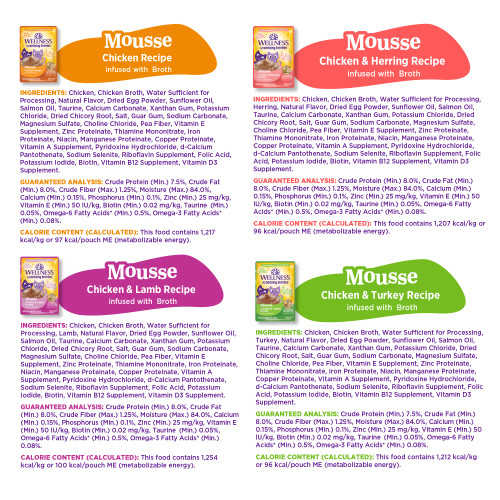 <p>Mousse Chicken Recipe Infused with Broth:<br />
Chicken, Chicken Broth, Water Sufficient for Processing, Natural Flavor, Dried Egg Powder, Sunflower Oil, Salmon Oil, Taurine, Calcium Carbonate, Xanthan Gum, Potassium Chloride, Dried Chicory Root, Salt, Guar Gum, Sodium Carbonate, Magnesium Sulfate, Choline Chloride, Pea Fiber, Vitamin E Supplement, Zinc Proteinate, Thiamine Mononitrate, Iron Proteinate, Niacin, Manganese Proteinate, Copper Proteinate, Vitamin A Supplement, Pyridoxine Hydrochloride, d-Calcium Pantothenate, Sodium Selenite, Riboflavin Supplement, Folic Acid, Potassium Iodide, Biotin, Vitamin B12 Supplement, Vitamin D3 Supplement.									</p>
<p>Mousse Chicken & Turkey Recipe Infused with Broth:<br />
Chicken, Chicken Broth, Water Sufficient for Processing, Turkey, Natural Flavor, Dried Egg Powder, Sunflower Oil, Salmon Oil, Taurine, Calcium Carbonate, Xanthan Gum, Potassium Chloride, Dried Chicory Root, Salt, Guar Gum, Sodium Carbonate, Magnesium Sulfate, Choline Chloride, Pea Fiber, Vitamin E Supplement, Zinc Proteinate, Thiamine Mononitrate, Iron Proteinate, Niacin, Manganese Proteinate, Copper Proteinate, Vitamin A Supplement, Pyridoxine Hydrochloride, d-Calcium Pantothenate, Sodium Selenite, Riboflavin Supplement, Folic Acid, Potassium Iodide, Biotin, Vitamin B12 Supplement, Vitamin D3 Supplement.									</p>
<p>Mousse Chicken and Lamb Recipe Infused with Broth:<br />
Chicken, Chicken Broth, Water Sufficient for Processing, Lamb, Natural Flavor, Dried Egg Powder, Sunflower Oil, Salmon Oil, Taurine, Calcium Carbonate, Xanthan Gum, Potassium Chloride, Dried Chicory Root, Salt, Guar Gum, Sodium Carbonate, Magnesium Sulfate, Choline Chloride, Pea Fiber, Vitamin E Supplement, Zinc Proteinate, Thiamine Mononitrate, Iron Proteinate, Niacin, Manganese Proteinate, Copper Proteinate, Vitamin A Supplement, Pyridoxine Hydrochloride, d-Calcium Pantothenate, Sodium Selenite, Riboflavin Supplement, Folic Acid, Potassium Iodide, Biotin, Vitamin B12 Supplement, Vitamin D3 Supplement.									</p>
<p>Mousse Chicken & Herring Recipe Infused with Broth:<br />
Chicken, Chicken Broth, Water Sufficient for Processing, Herring, Natural Flavor, Dried Egg Powder, Sunflower Oil, Salmon Oil, Taurine, Calcium Carbonate, Xanthan Gum, Potassium Chloride, Dried Chicory Root, Salt, Guar Gum, Sodium Carbonate, Magnesium Sulfate, Choline Chloride, Pea Fiber, Vitamin E Supplement, Zinc Proteinate, Thiamine Mononitrate, Iron Proteinate, Niacin, Manganese Proteinate, Copper Proteinate, Vitamin A Supplement, Pyridoxine Hydrochloride, d-Calcium Pantothenate, Sodium Selenite, Riboflavin Supplement, Folic Acid, Potassium Iodide, Biotin, Vitamin B12 Supplement, Vitamin D3 Supplement.</p>
