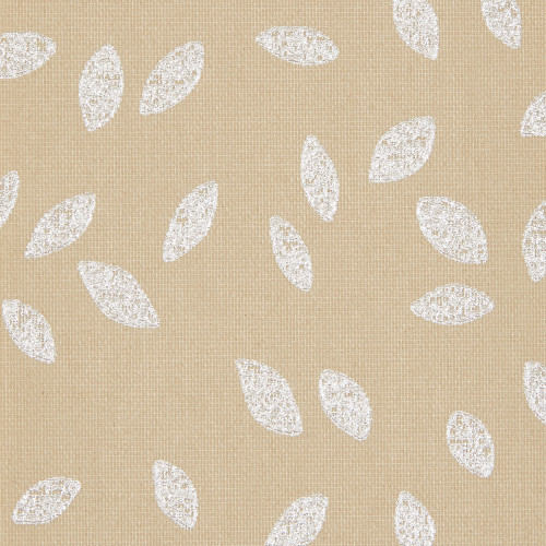 Textured beige wallpaper with scattered white, chalky leaf motifs covering a fabric-like surface; motifs lie flat, repeating uniformly under soft, even lighting.