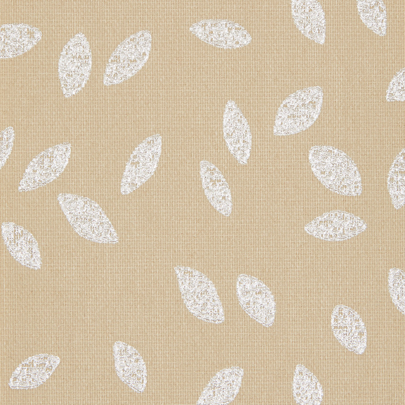 Textured beige wallpaper with scattered white, chalky leaf motifs covering a fabric-like surface; motifs lie flat, repeating uniformly under soft, even lighting.