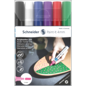 Paint-It 320 Acrylic Markers, 4 mm Bullet Tip, Wallet, 6 Assorted Ink Colors