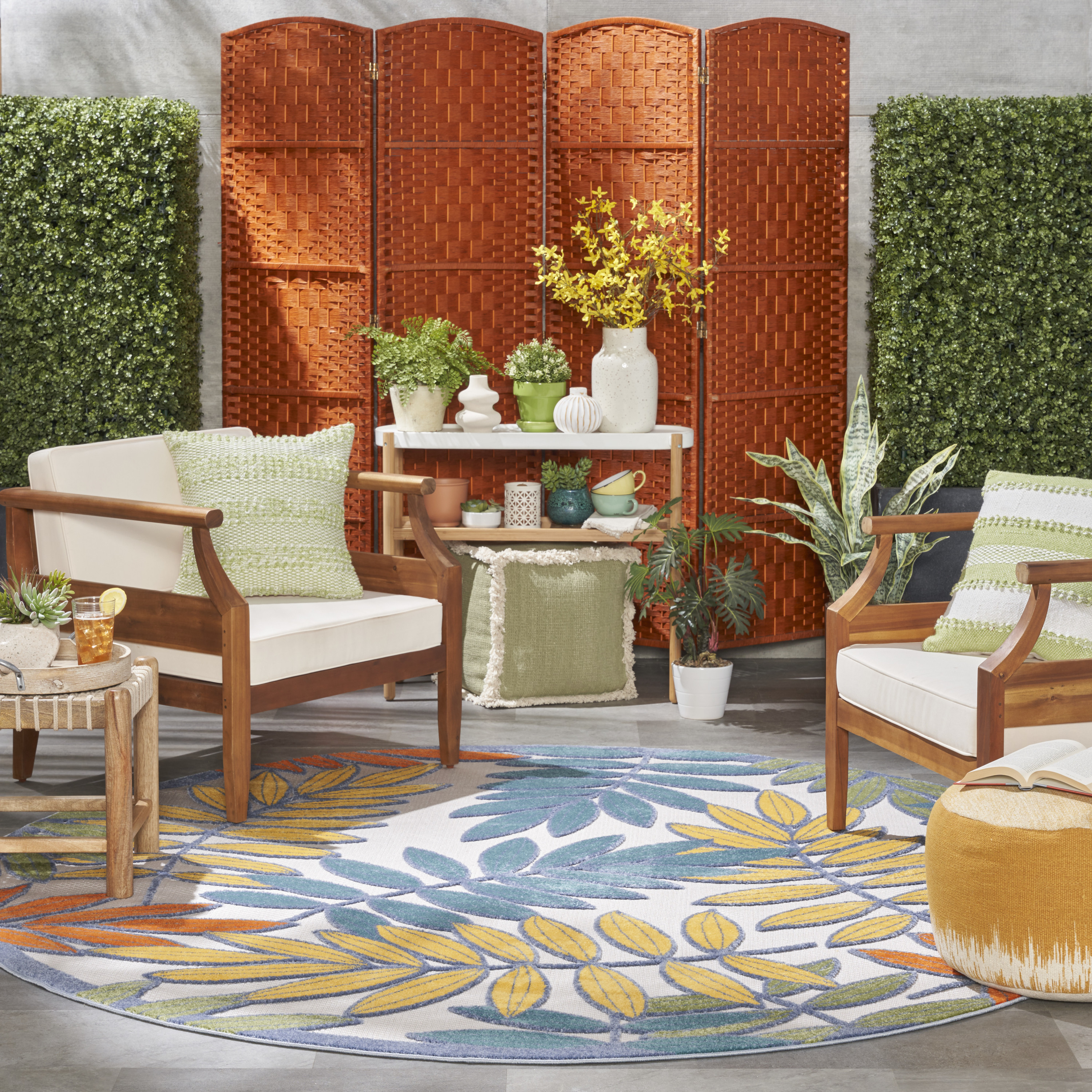 Nourison Aloha 7'10" x Round Ivory Multicolor Tropical Rug