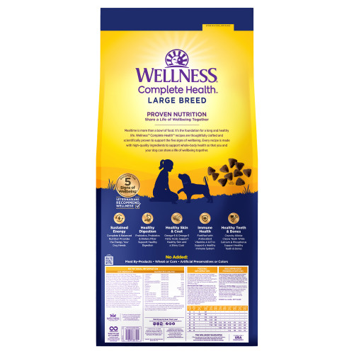 Wellness Complete Health  Large Breed Puppy Chicken, Salmon & Rice back packaging