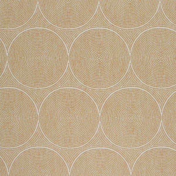 Beige-gold dotted wallpaper covering a wall, forming repeating large concentric circles; the dots create a textured radial pattern that overlaps across an evenly lit close-up interior surface.