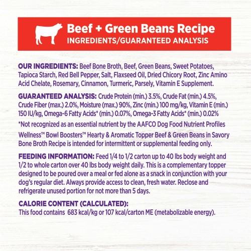 <p>Feeding Information: Feed 1/4 to 1/2 carton up to 40 lbs body weight and 1/2 to whole carton over 40 lbs body weight daily. This is a complementary topper designed to be poured over a meal or fed alone as a snack in conjunction with your dog’s regular diet. Reclose and refrigerate unused portion for not more than 5 days.</p>
