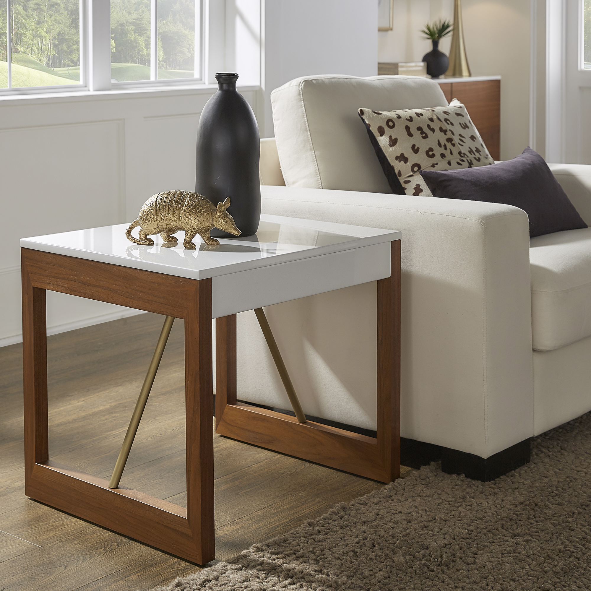 Two-Tone High Gloss White and Walnut Finish End Table