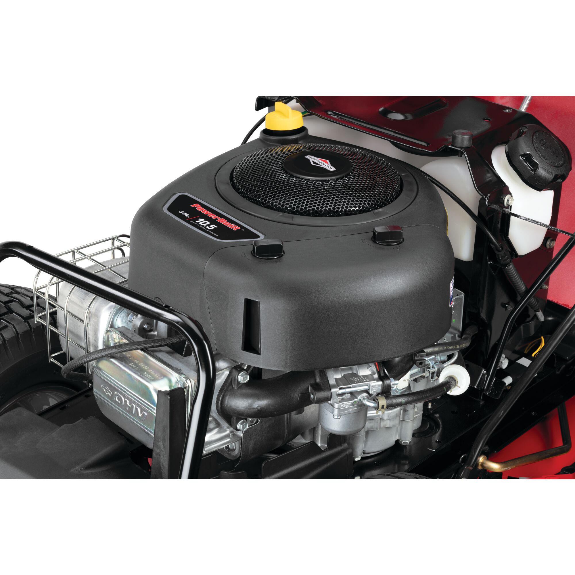 Powerful motor feature of a 30 inch 10 h p gear drive mini riding mower with mulching kit.