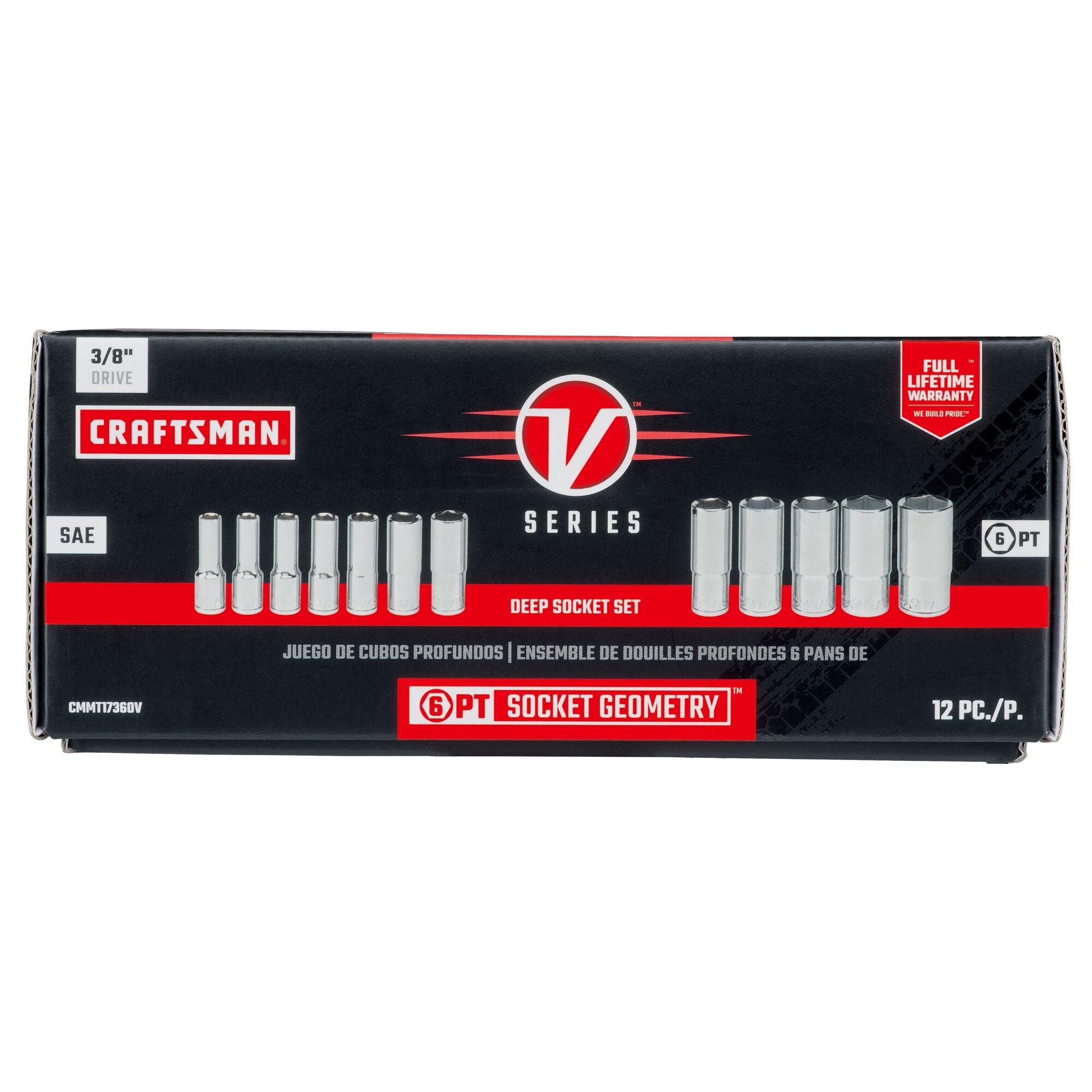 3 eighths inch drive S A E deep 6 point socket set 12 piece in cardboard packaging.
