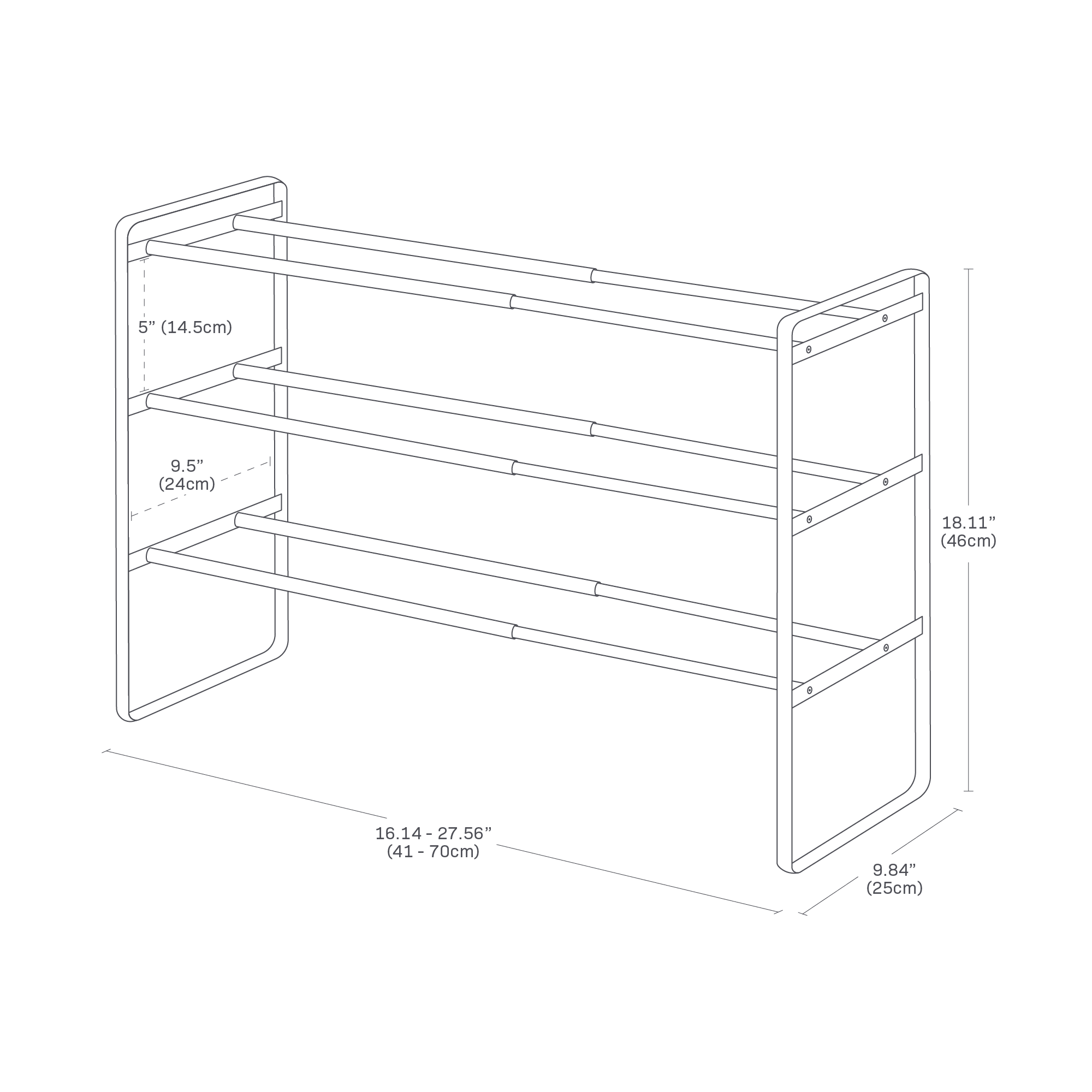 The image shows a 3-tier expandable shoe rack with dimensions: height is 18.11", depth is 9.84", and width is adjustable from 16.14" to 27.56". The space between tiers is 5" for the top level and 9.5" for the middle level.