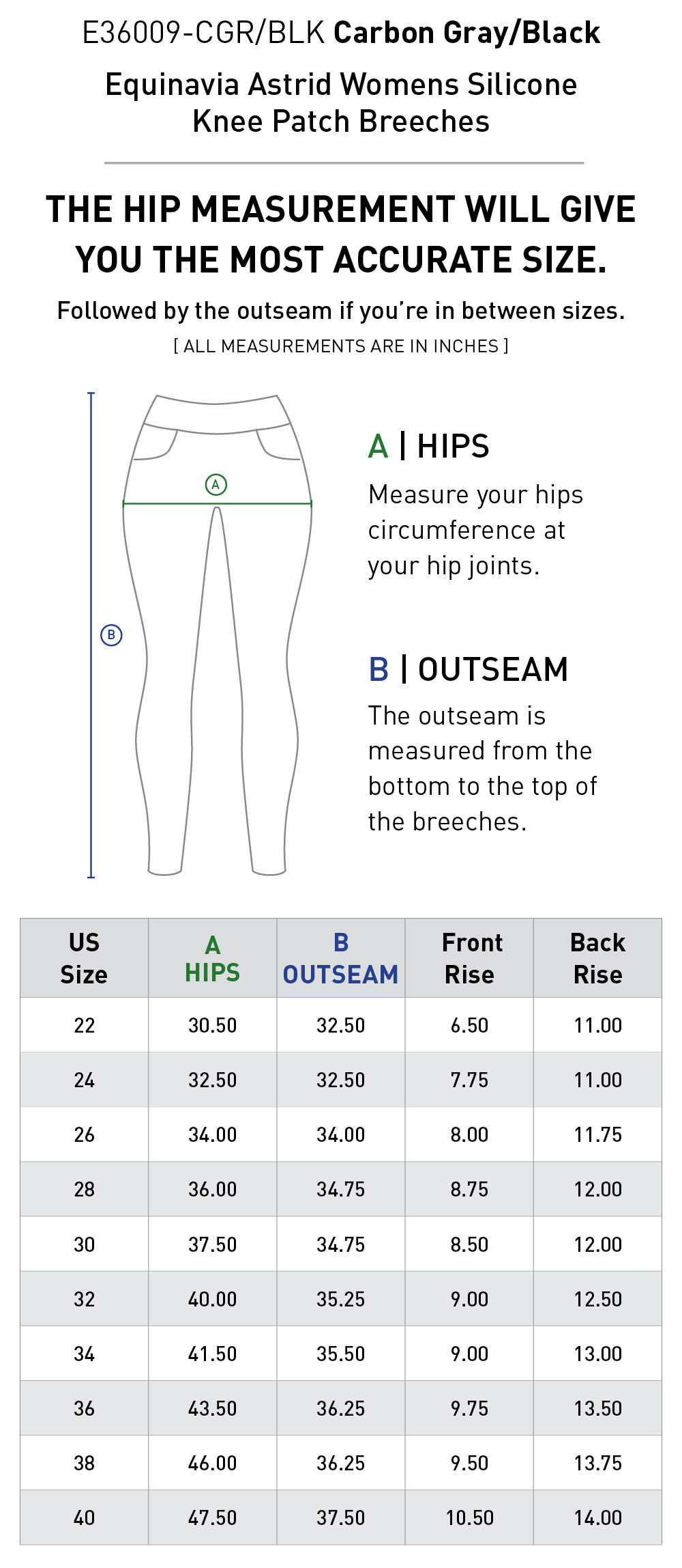 Size chart for Equinavia Astrid Womens Silicone Knee Patch Breeches - Carbon Gray/Black