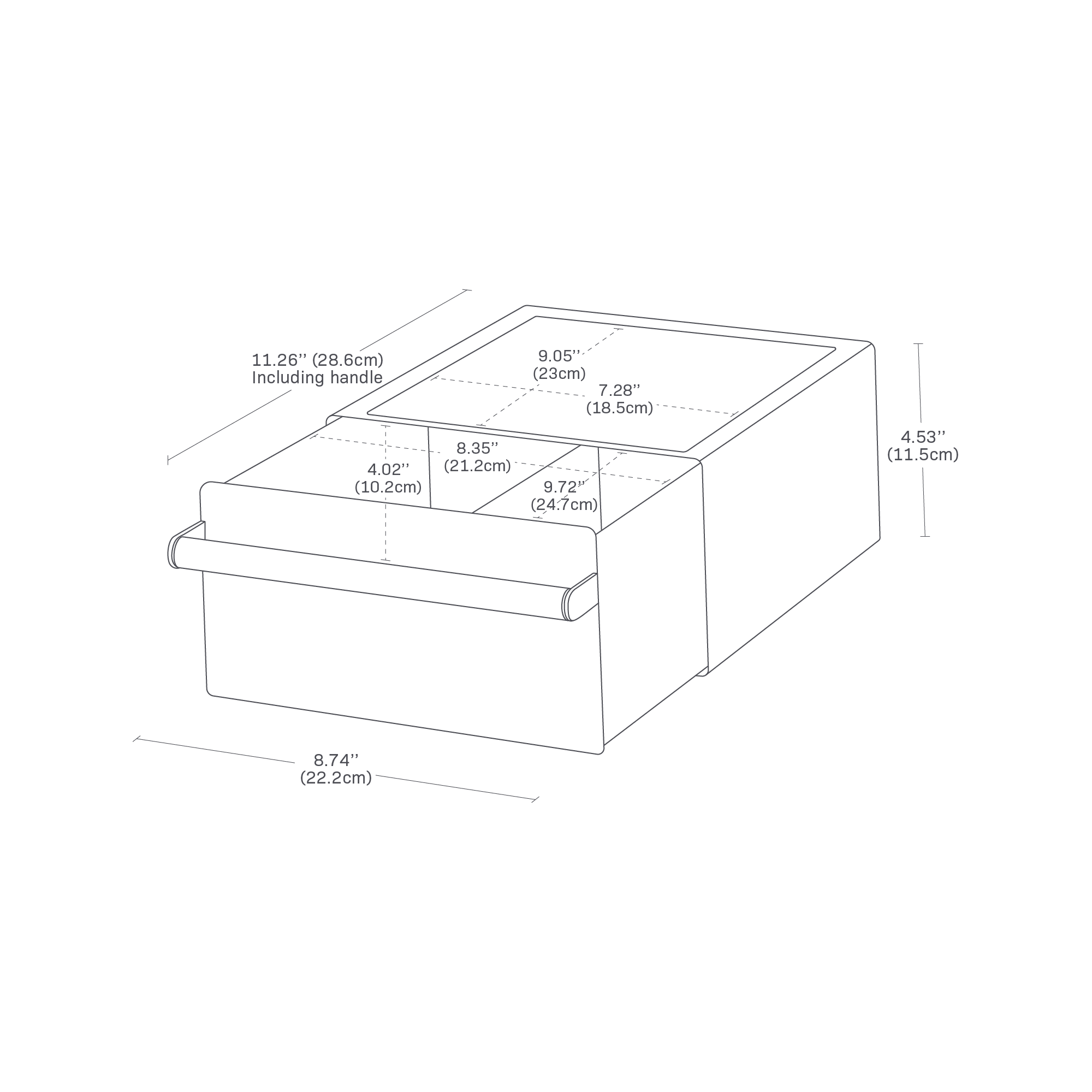 Dimension image for Countertop Rack with Drawer on a white background including dimensions L 11.26 x W 8.74 x H 4.53 inches