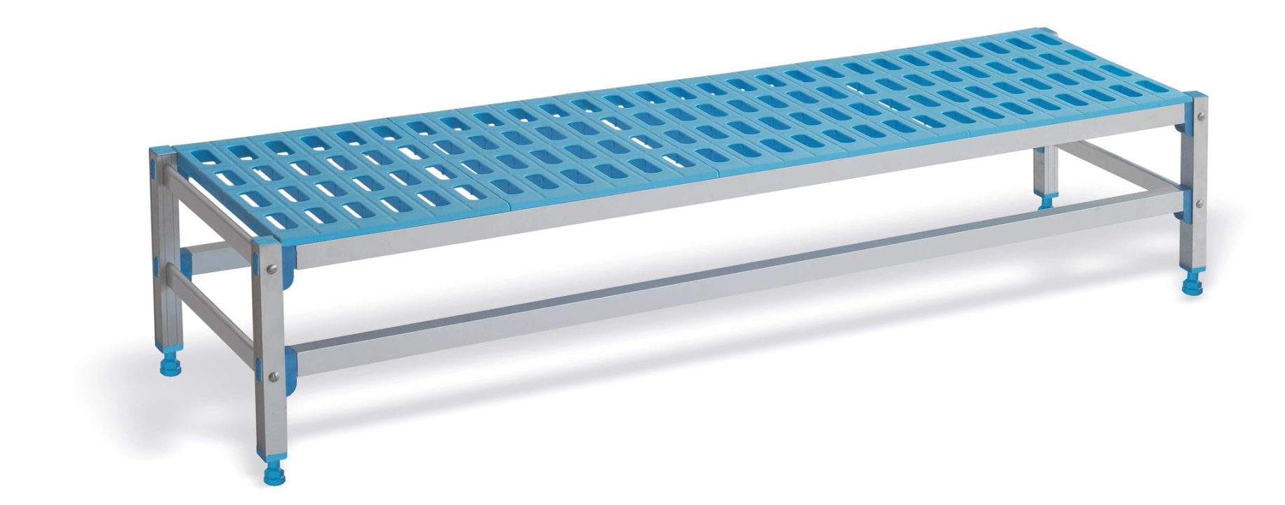 Banco de almacenamiento con estructura de aluminio anodizado con estante de polipropileno de 1155x 385 mm