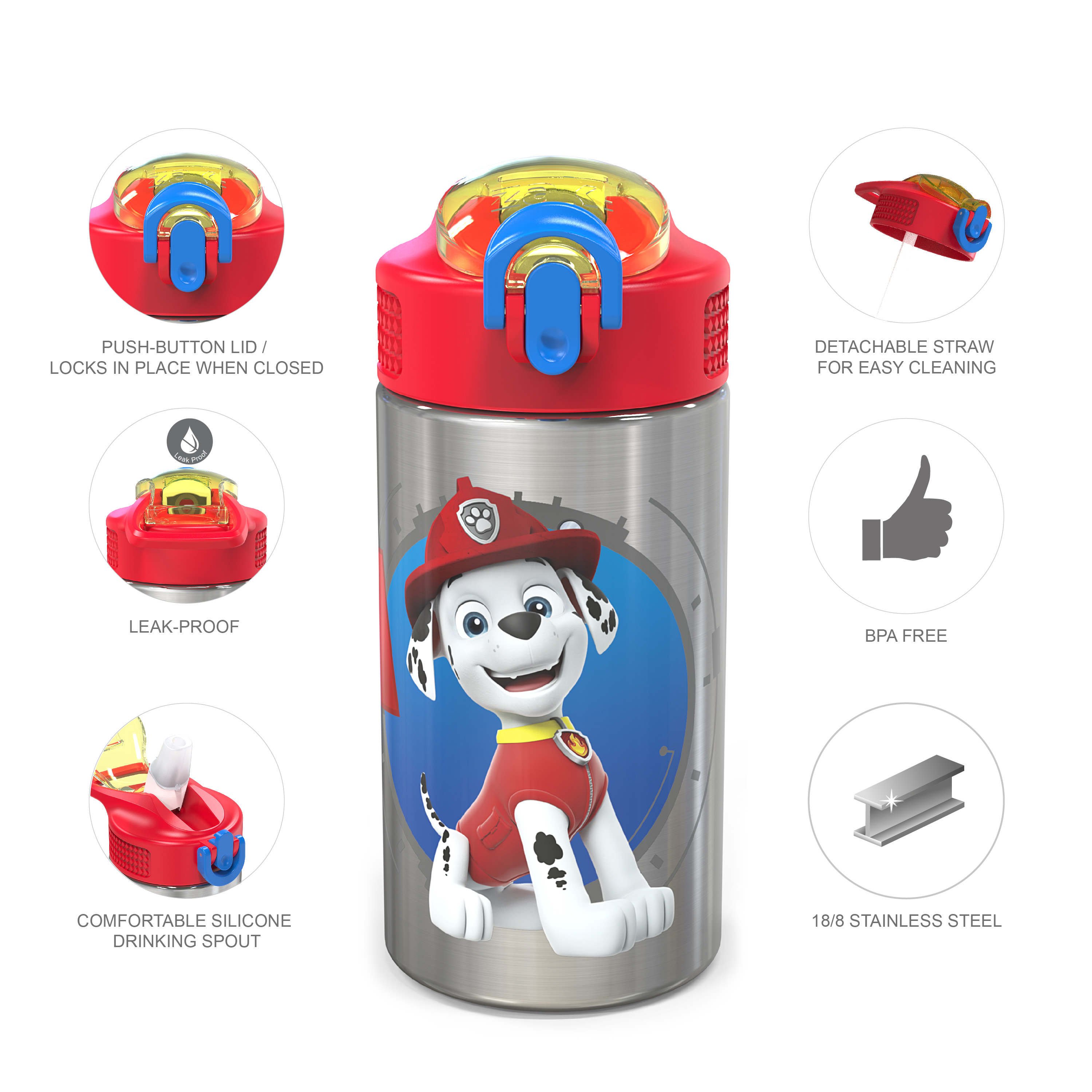 Paw Patrol 15.5 ounce Stainless Steel Water Bottle with Carrying Loop and Screw-on Lid, Marshall slideshow image 6