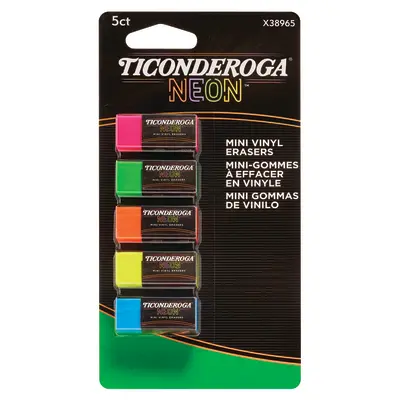 Ticonderoga Mini Erasers, Neon, 5 Count