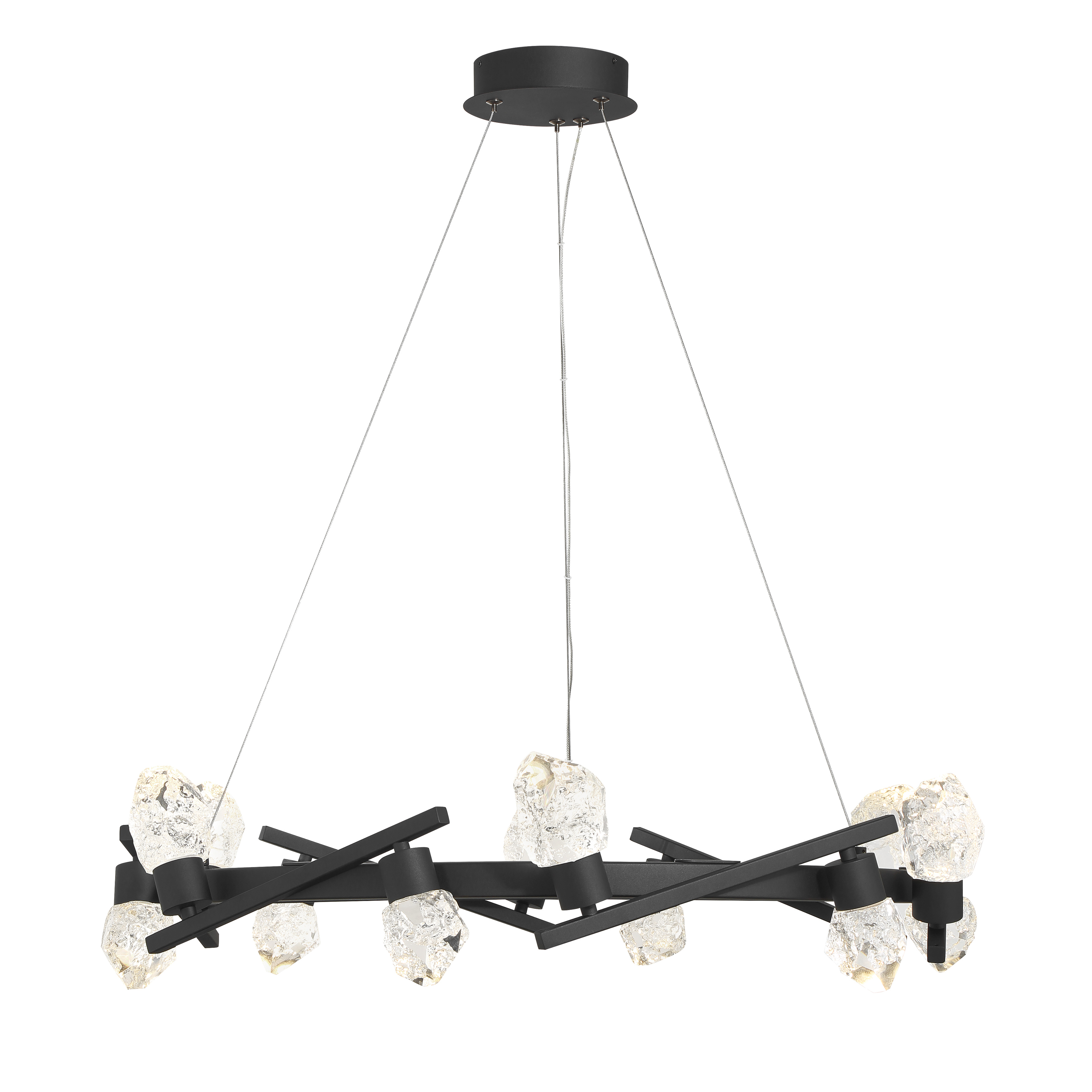 The Kosmyc chandelier combines contemporary design with industrial edge, featuring 12 integrated LED lights and distinctive faux rock crystal accents. Its substantial 33-inch width makes a bold statement in large spaces. - alternate view