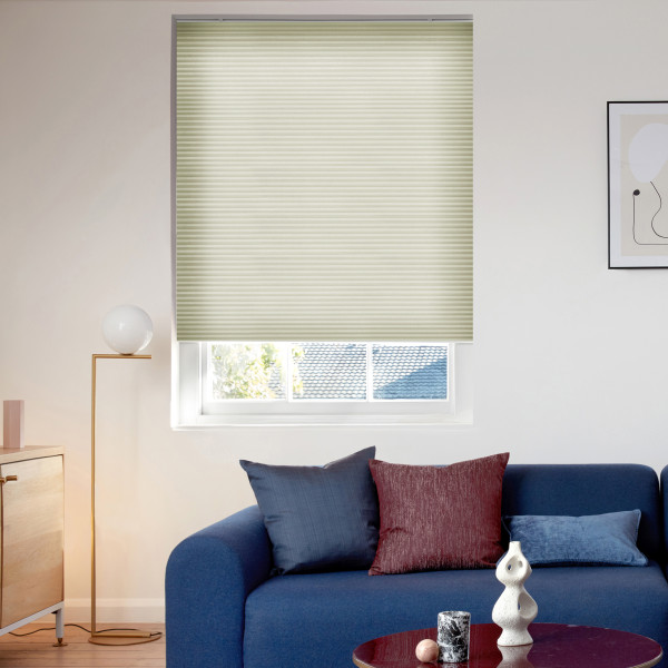 Light green cellular blind lowered across the window, filtering daylight; living-room setting with blue sofa, colored cushions, floor lamp, small table and wall art, exterior roof and trees visible below.