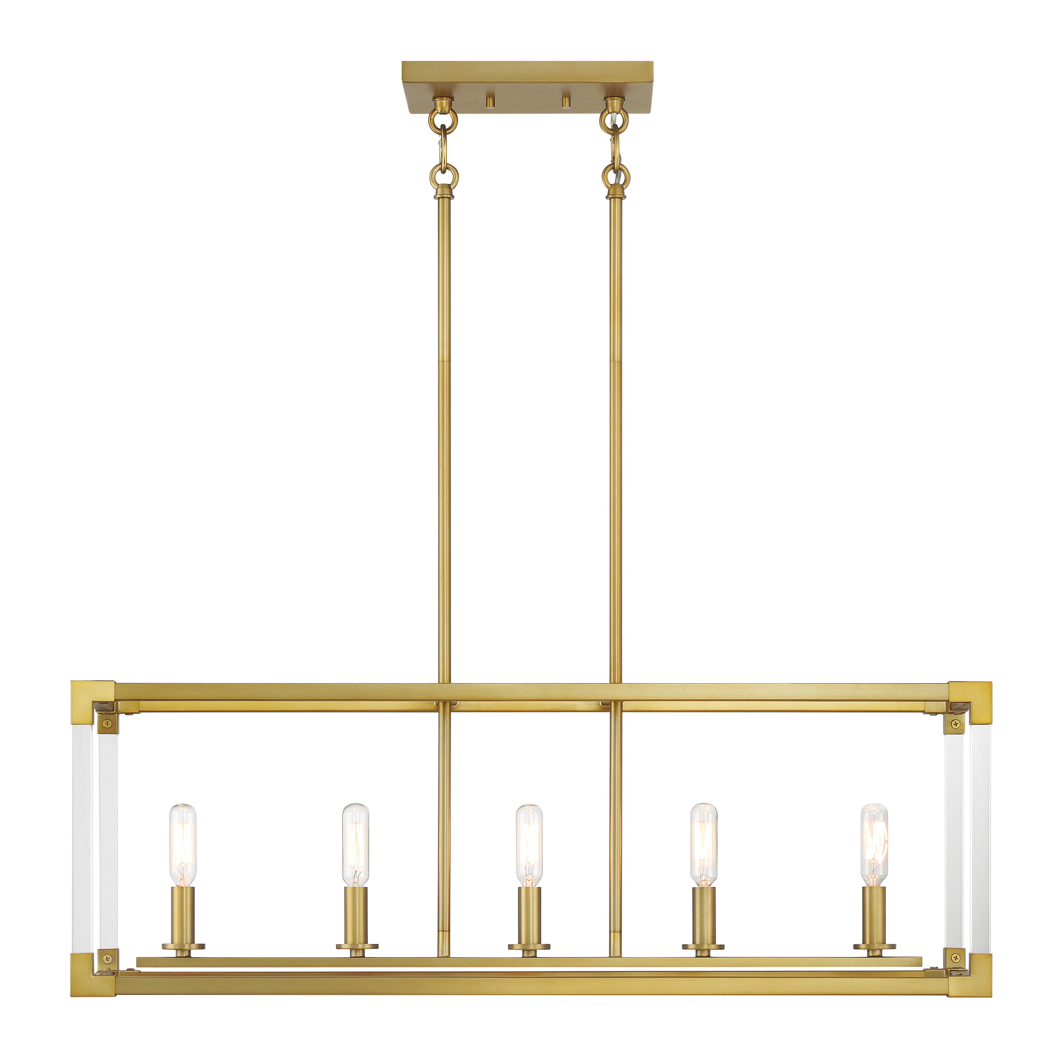 The Oro District brings contemporary elegance to kitchen islands and dining spaces with its clean linear design and warm soft brass finish. Five candelabra lights paired with clear acrylic accents create a sophisticated glow. - alternate view