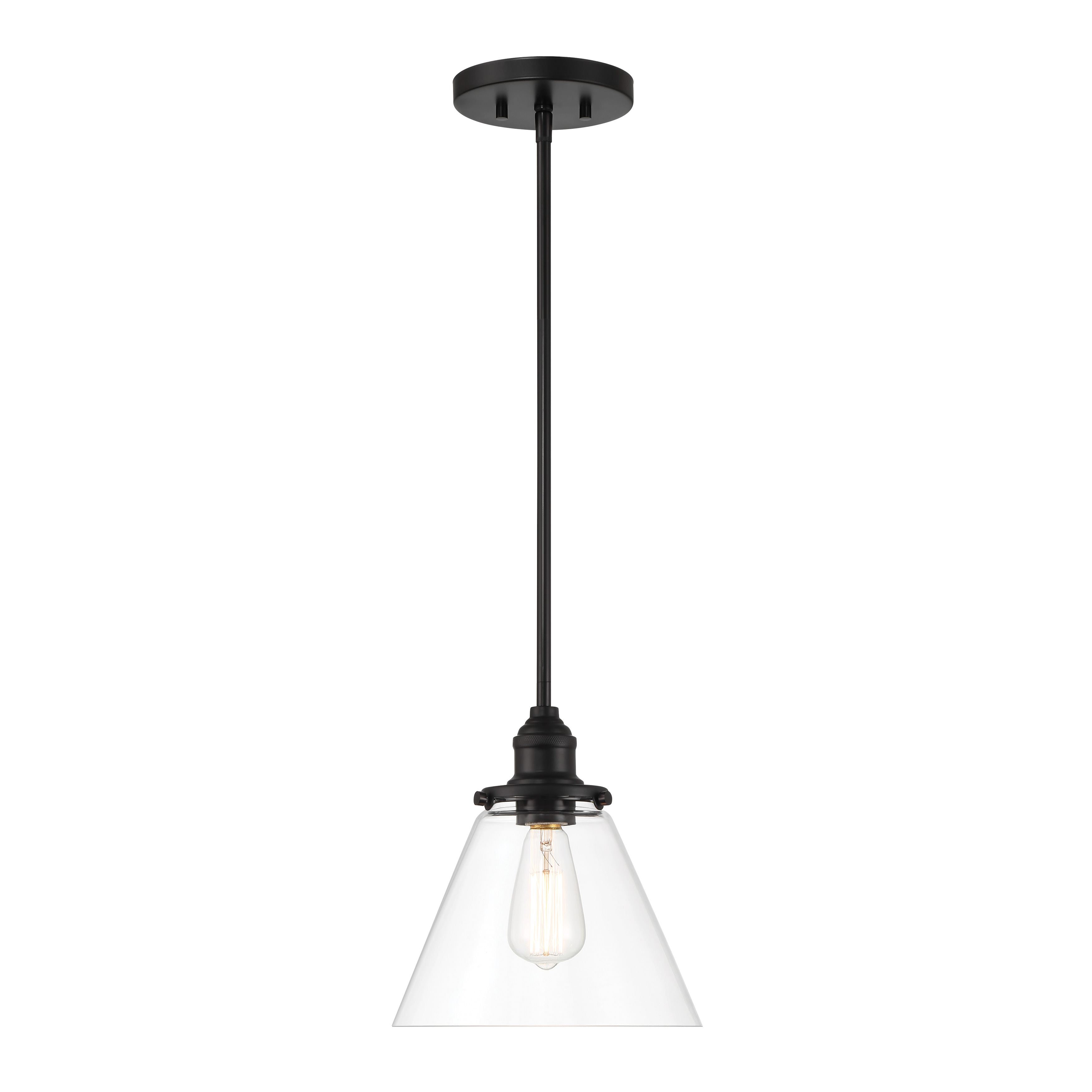 The Barwell mini pendant combines traditional styling with industrial appeal through its coal black finish and clear glass shade. Compact at 10 inches wide, it's perfect for task lighting or creating visual interest in smaller spaces. - alternate view