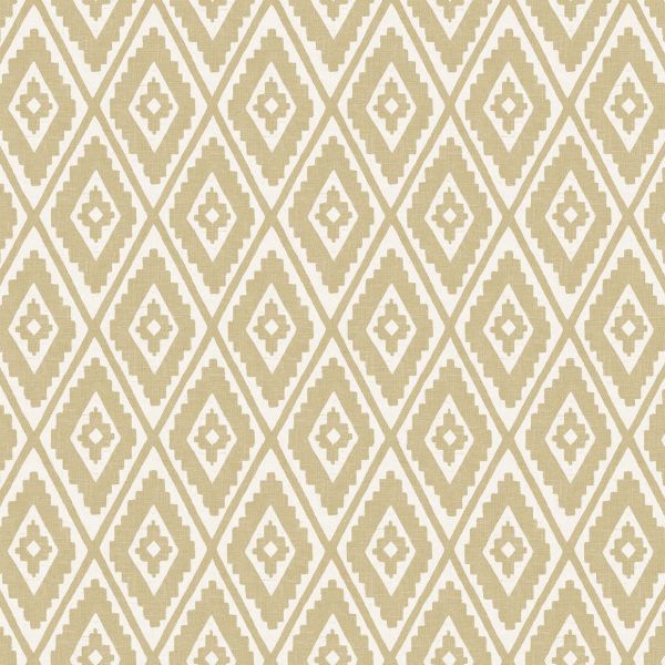 Beige-and-white geometric wallpaper covering a wall, with stepped diamond motifs (object) repeating across the surface (action) in flat, even light with a textile-like texture (context).