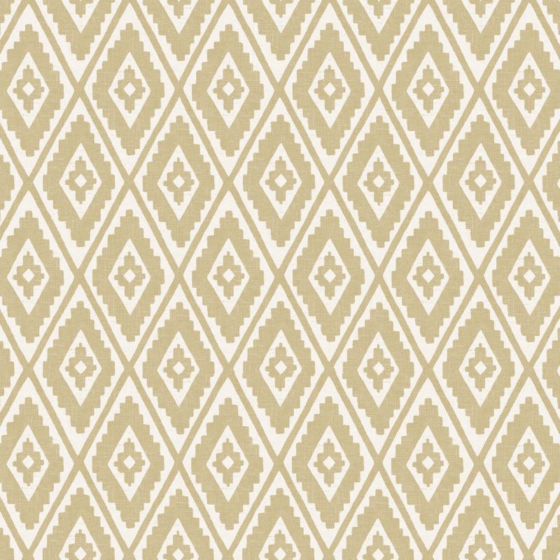 Beige-and-white geometric wallpaper covering a wall, with stepped diamond motifs (object) repeating across the surface (action) in flat, even light with a textile-like texture (context).