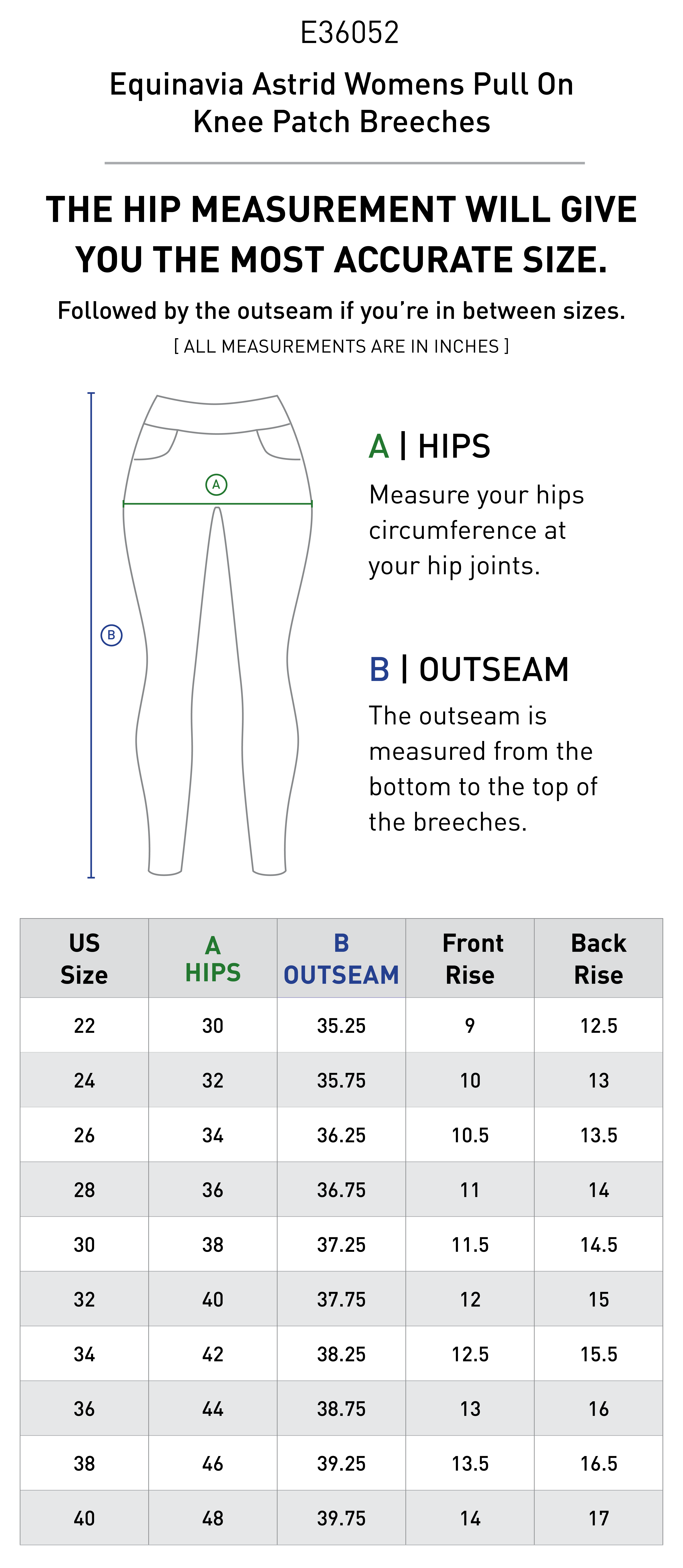 Size chart for Equinavia Astrid Womens Pull On Knee Patch Breeches - Black/White