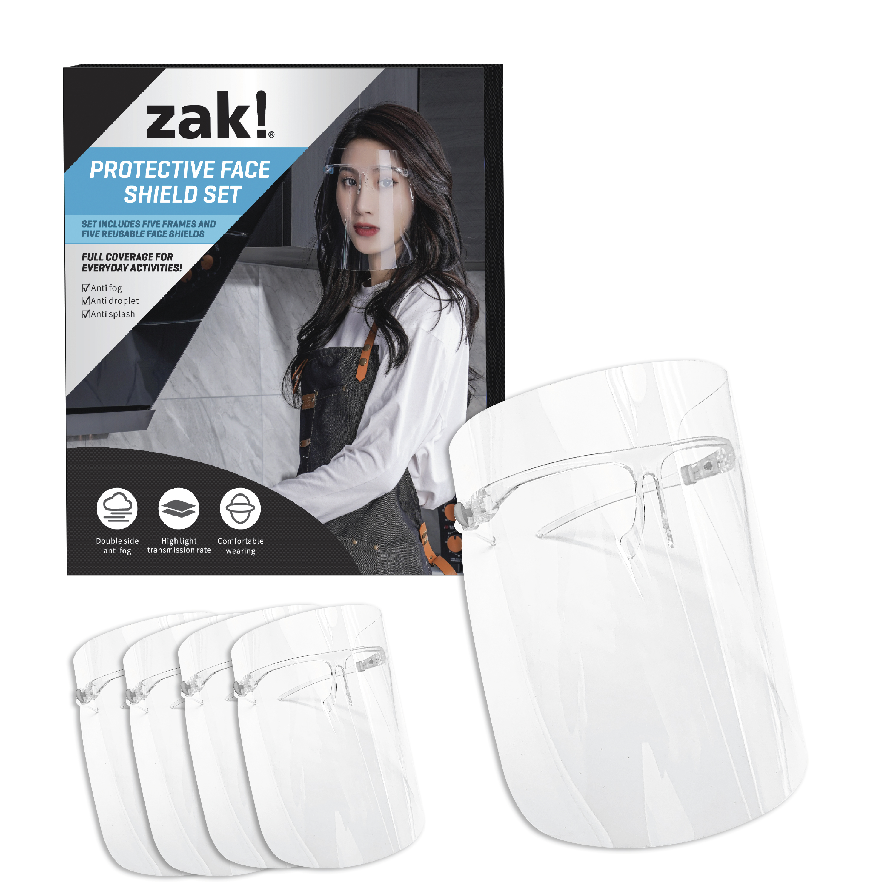 Zak Personal Protective Equipment (PPE) Protective Face Shield, Clear, 5-piece set slideshow image 1