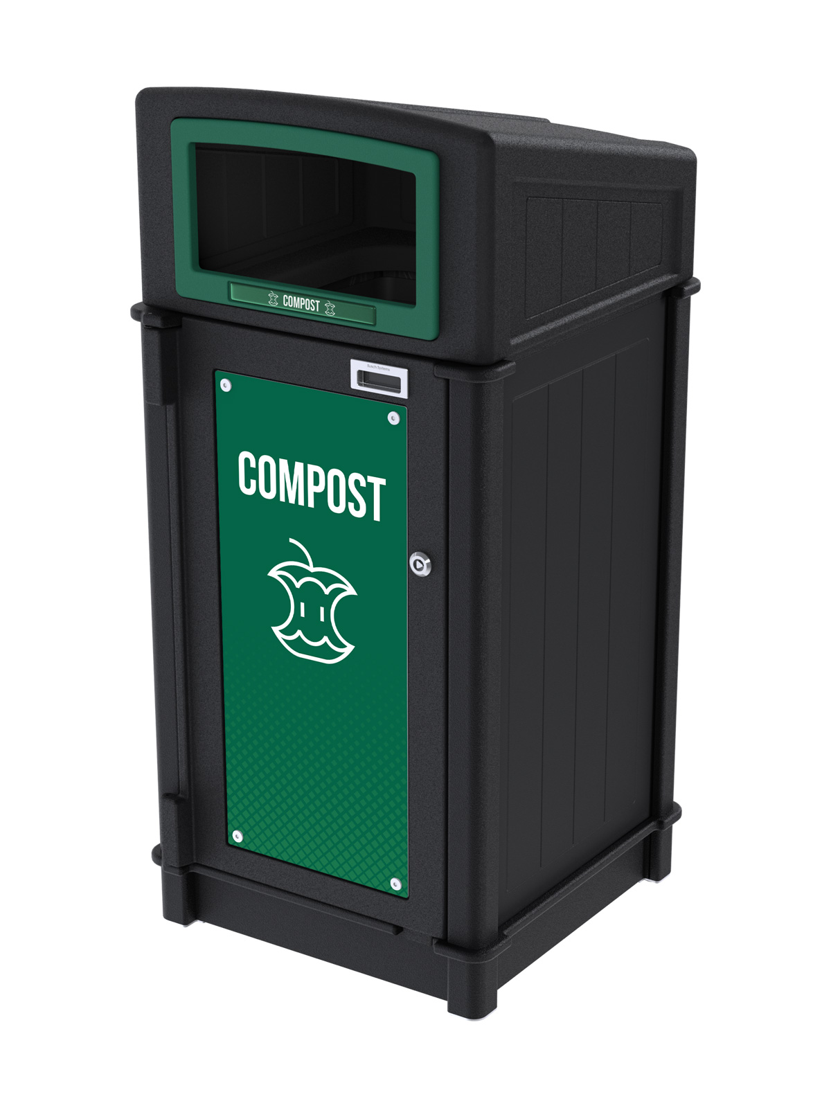 black recycled plastic organics container with sloped canopy lid for collecting compostable waste with stock door sign and label